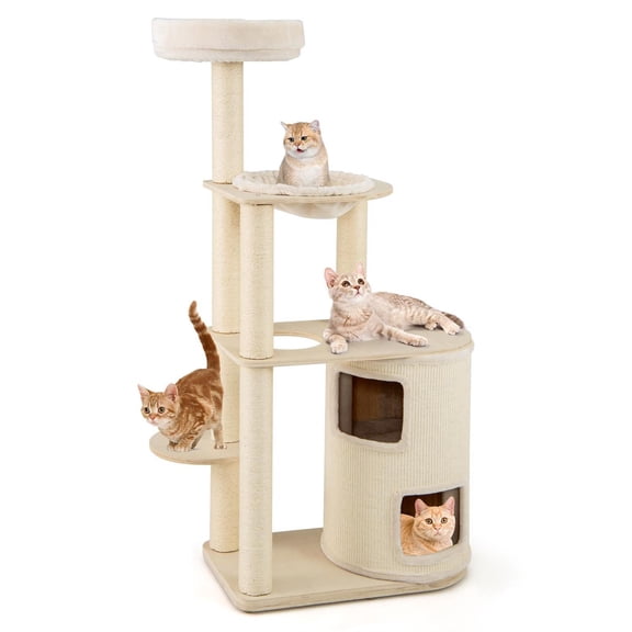 Pefilos 60" Tall Cat Tree, 2-Story Condo & Hammock Nook, Sisal Scratching Posts, Brown