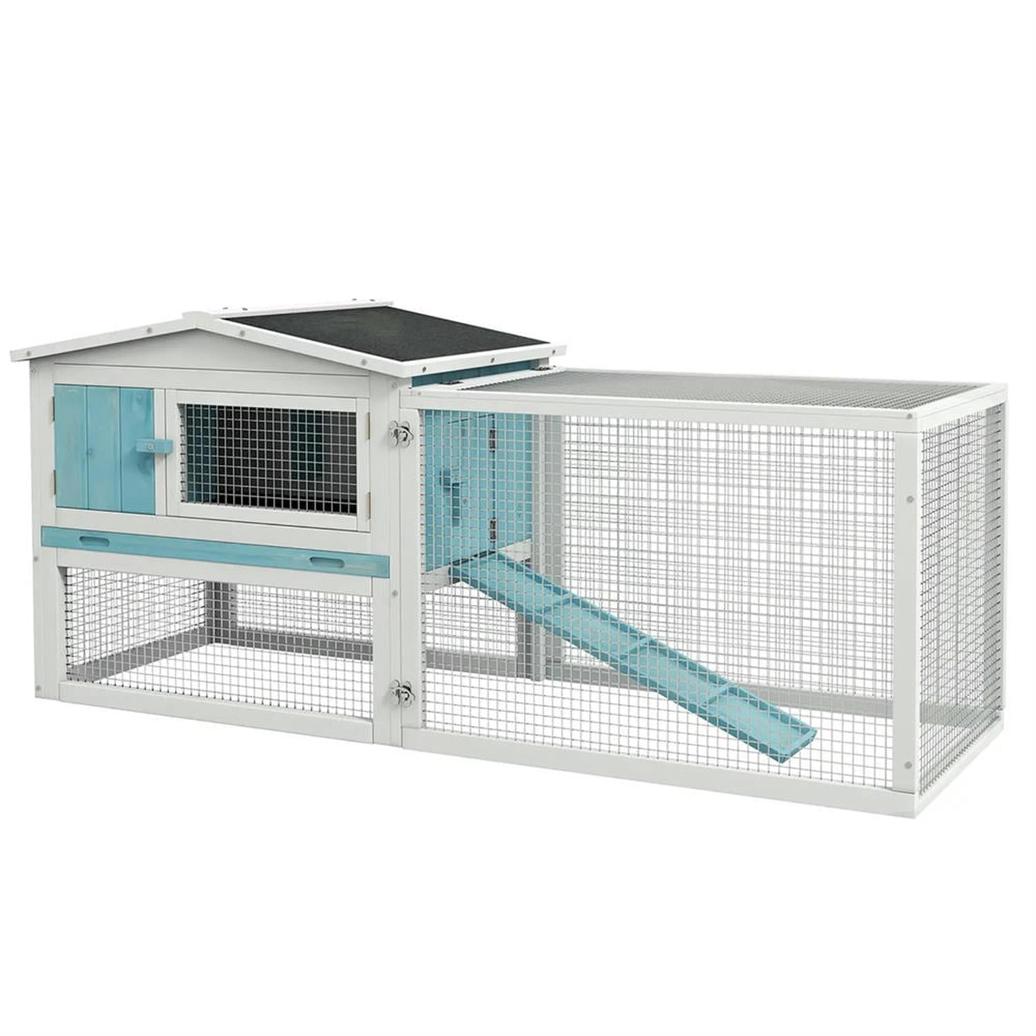 Kadyn 61" 2-Story Wooden Rabbit Hutch with Slide-out Tray, Outdoor Small Animal Habitat Enclosure Bunny Cage for Bunnies, Guinea Pigs, Blue
