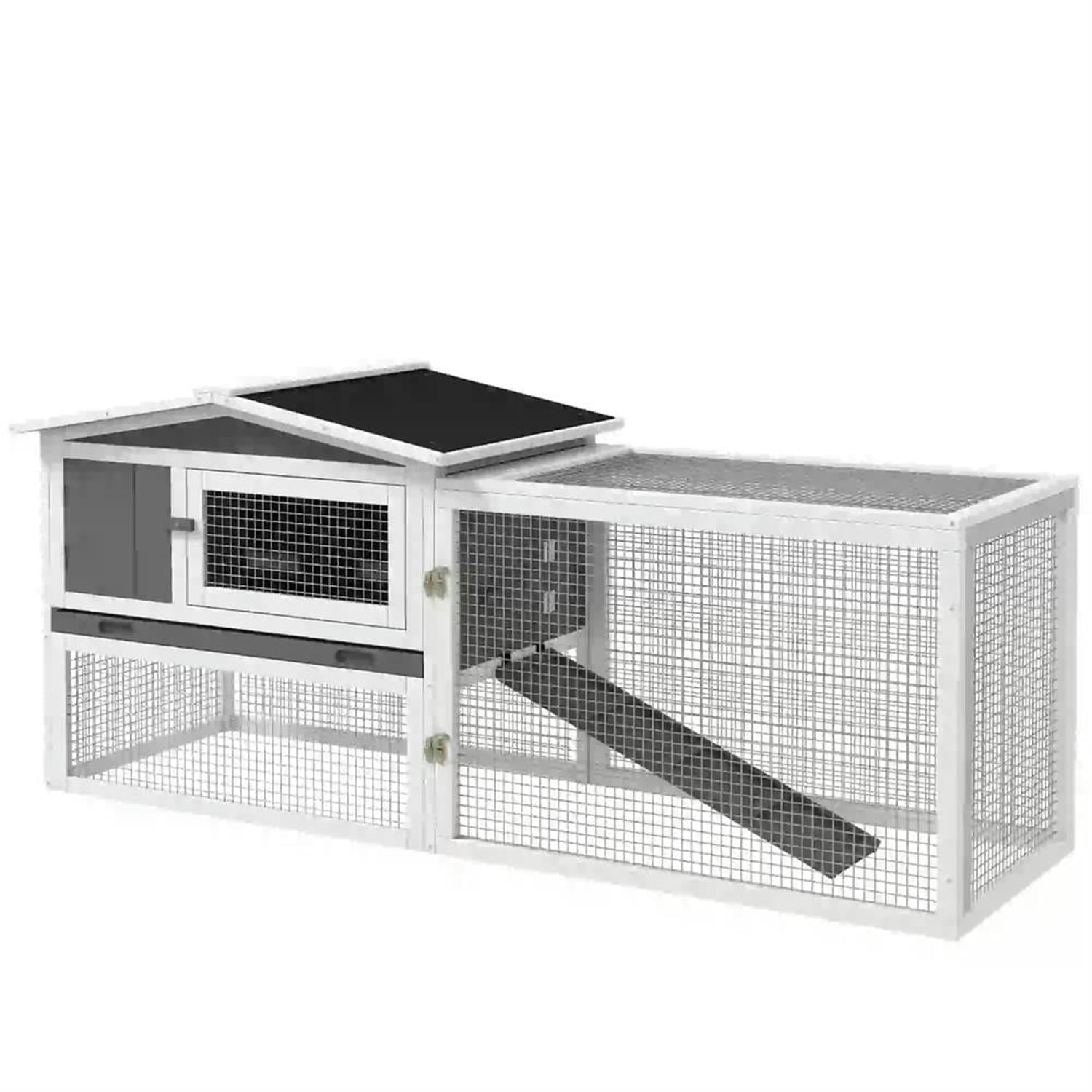 Kadyn 61" 2-Story Wooden Rabbit Hutch with Slide-out Tray, Outdoor Small Animal Habitat Enclosure Bunny Cage for Bunnies, Guinea Pigs, Gray