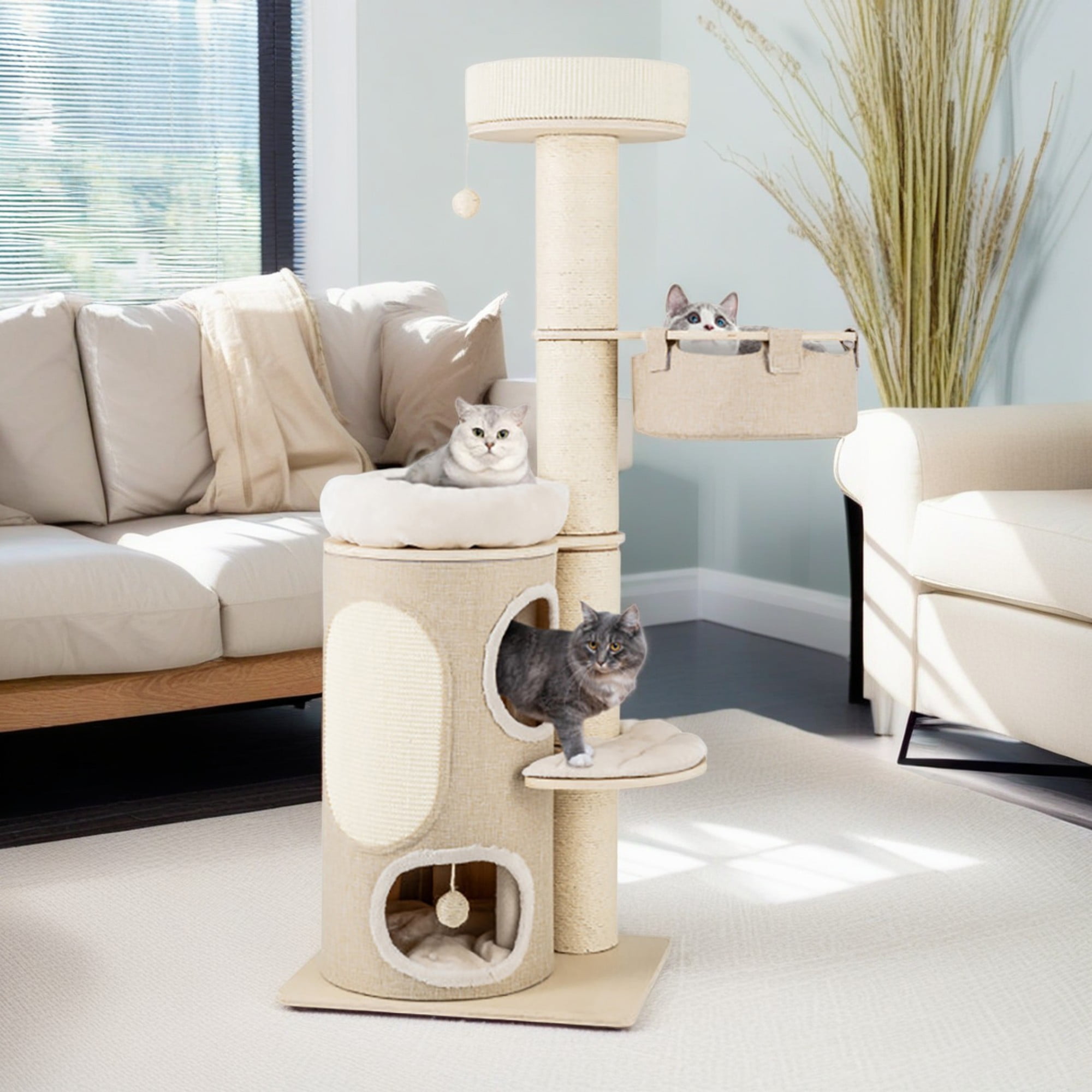 resenkos 61" Cat Tree Tower for Indoor Cats, Multi-Level Cat Tree House for Big Cats with 2 Storey Cat Condo, Cat Climbing Tower, Beige