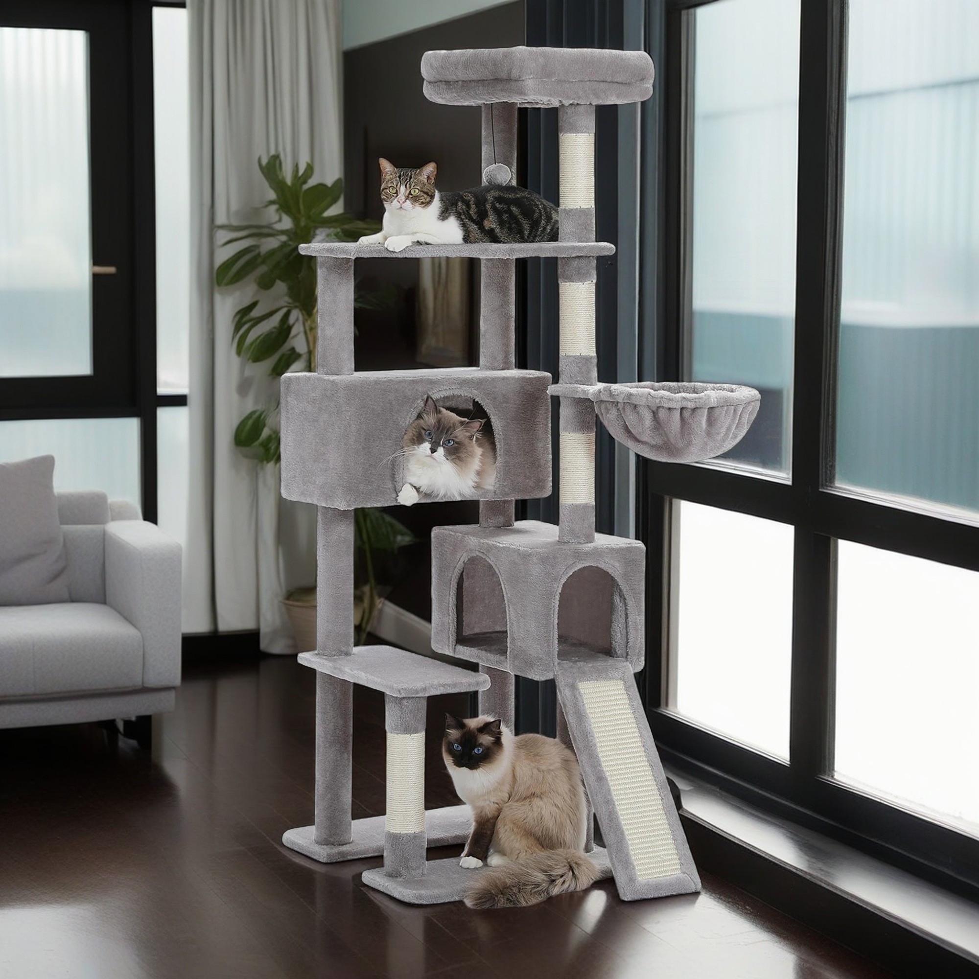 Kadyn 61" Cat Tree Tower for Indoor Cats with Platform and Scratching Posts, Cat Condo Cat Tree House in Pet Supplies, Gray