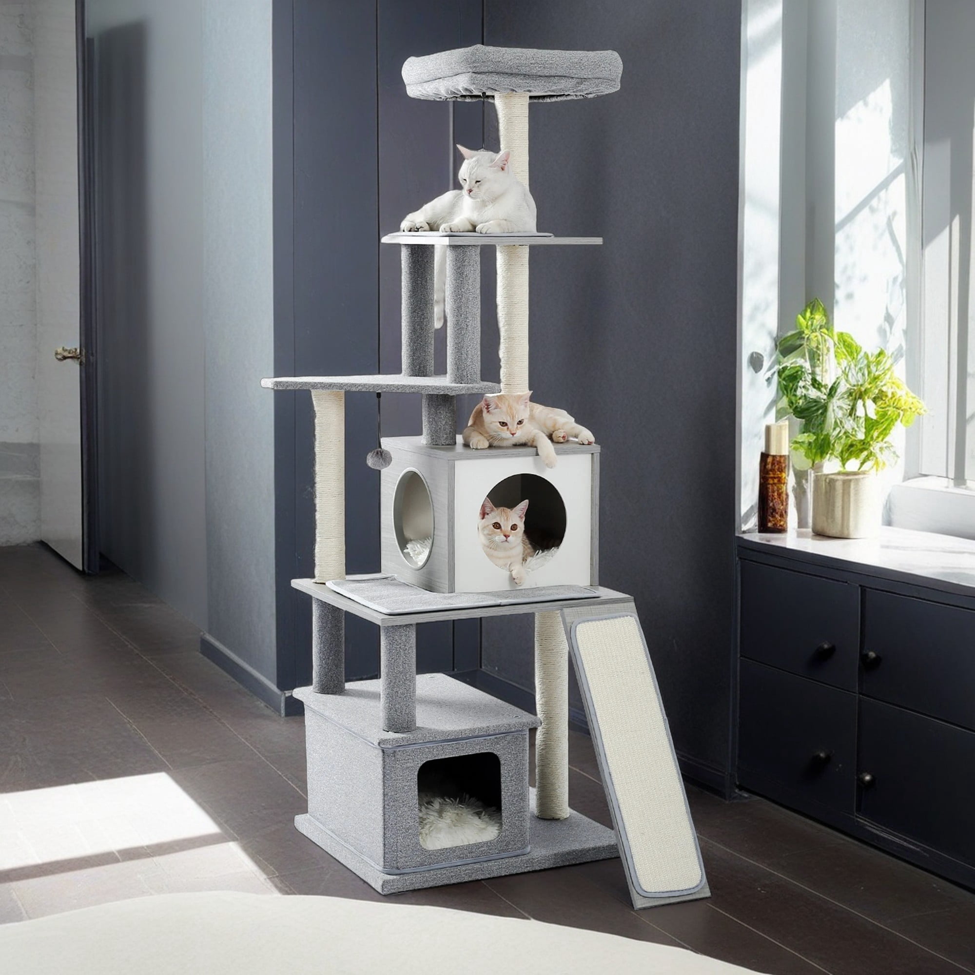 resenkos 61" Cat Tree Tower for Indoor Wood Kitten Furniture Cat Condo for Adult Cats Activity Center Play House with Ladder, Gray