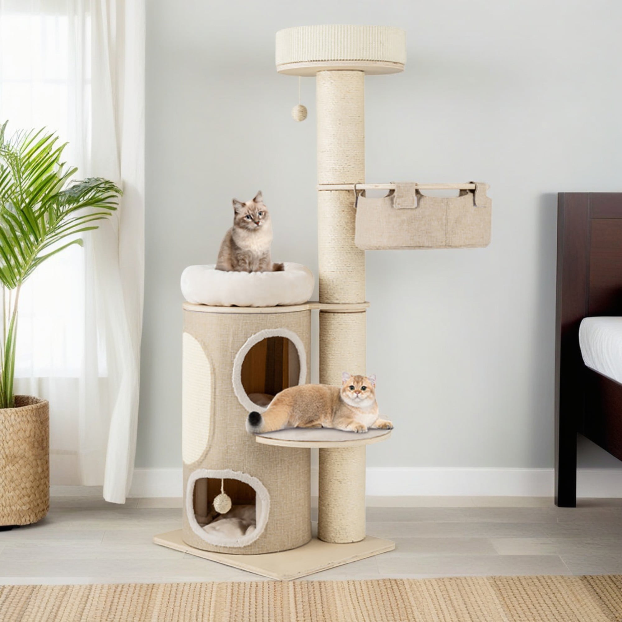 Kadyn 61" Cat Tree with Scratching Post, Cat Tower with with 2 Stoery Cat Condo and Top Perch, Multi-Platform Cat Tree House, Beige