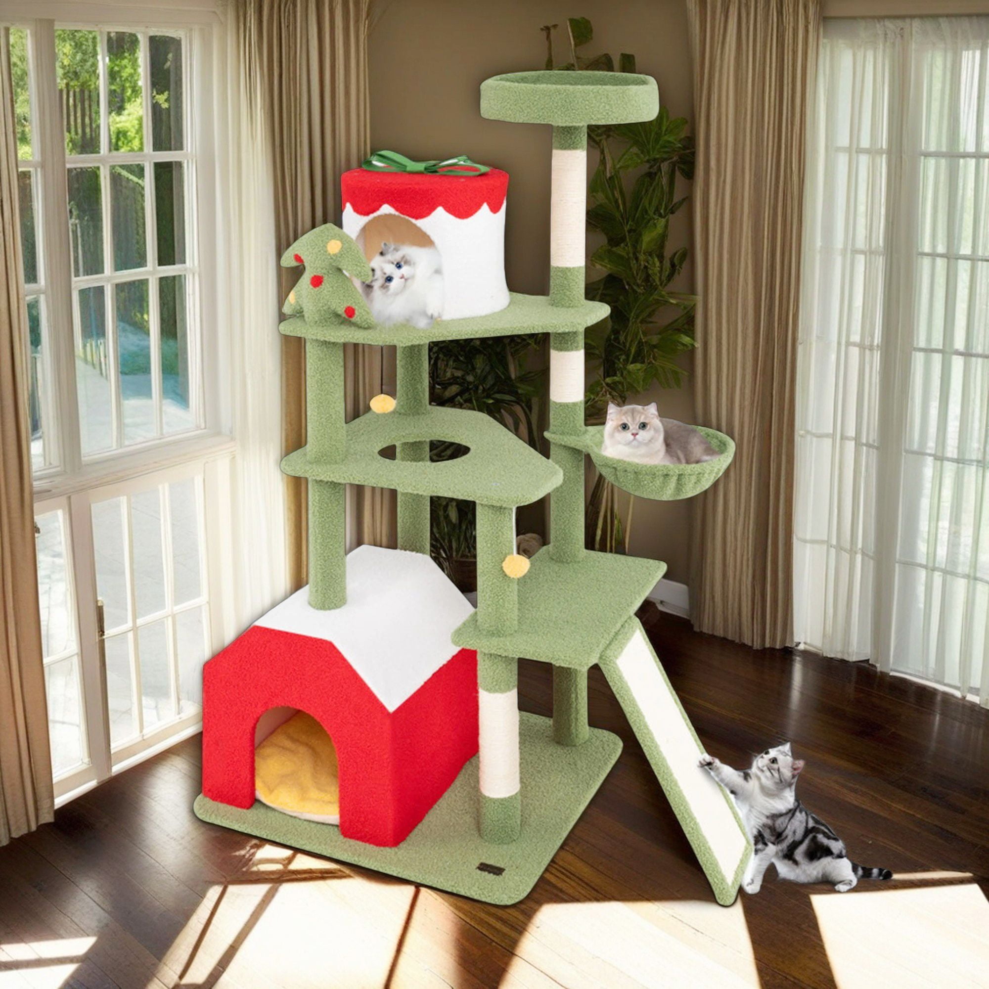 Kadyn 61" Christmas Decor Cat Tree Tower for Indoor Cats, Multi-Level Cat Climbing Tower with Cat Condos, Top Perches, Hammock, Green