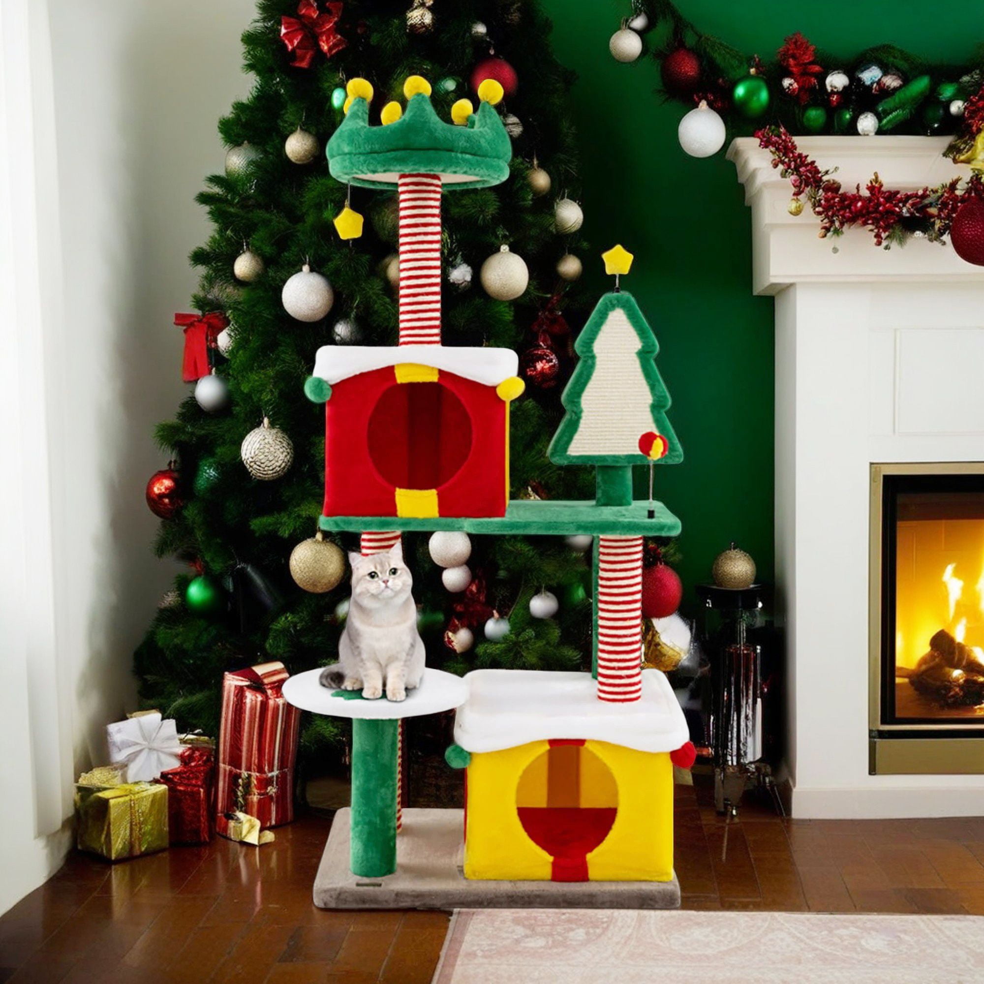 Kadyn 61" Cute Christmas Cat Tree for Indoor Cats with Scratching Posts and Carpet, Multi-Level Cat Tower with Gift Box-shaped Cat Condos, Multicolor