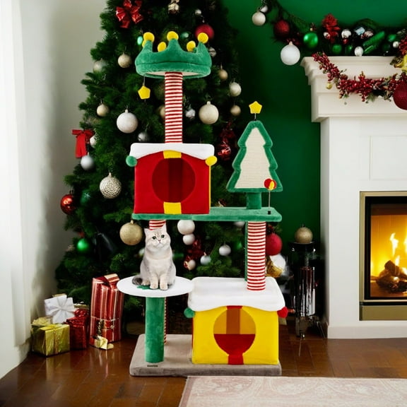 Demi Bonn 61" Cute Christmas Cat Tree for Indoor Cats with Scratching Posts and Carpet, Multi-Level Cat Tower with Gift Box-shaped Cat Condos, Multicolor