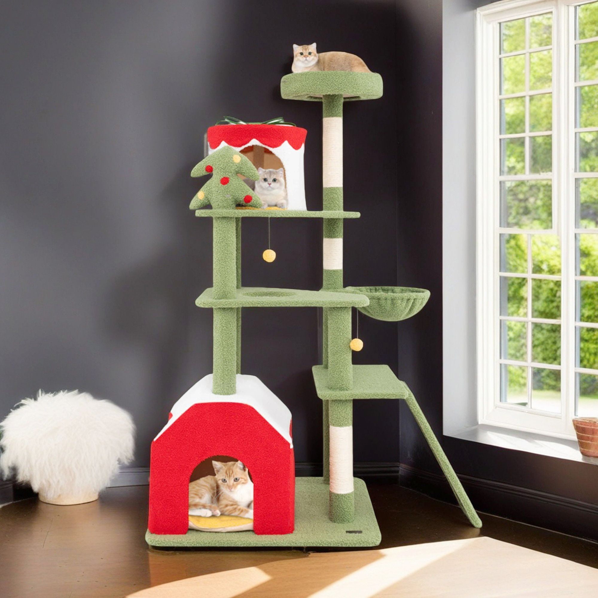 Kadyn 61" Cute Christmas Cat Tree with Sisal Scratching Posts and Board, Multi-Level Cat Tower with Gift Box Shaped Condo, Kittens Play Activity Center, Green