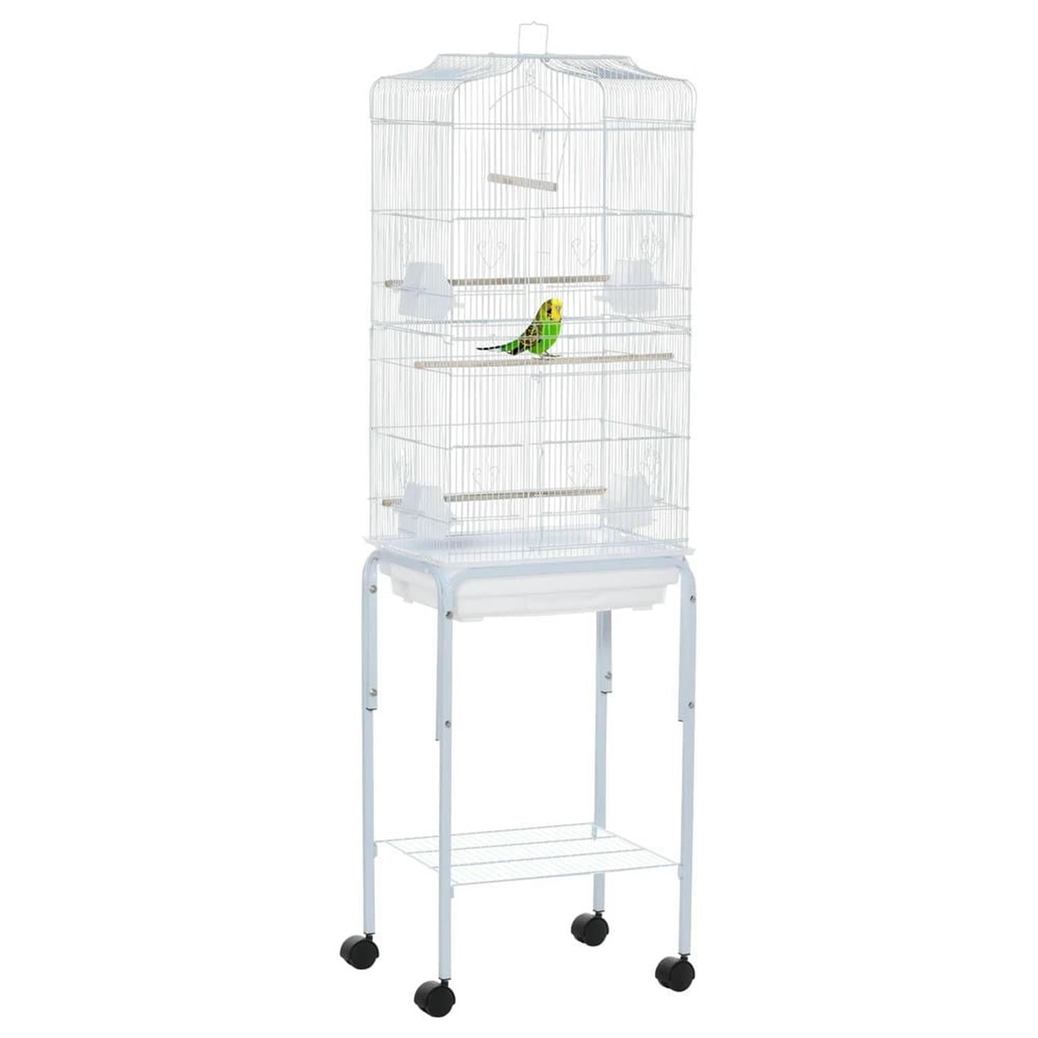 Kadyn 61" Height Metal Indoor Bird Cage Aviary Parakeet House with Detachable Rolling Stand for Parrots Conures Lovebird Cockatiel Parakeets, White
