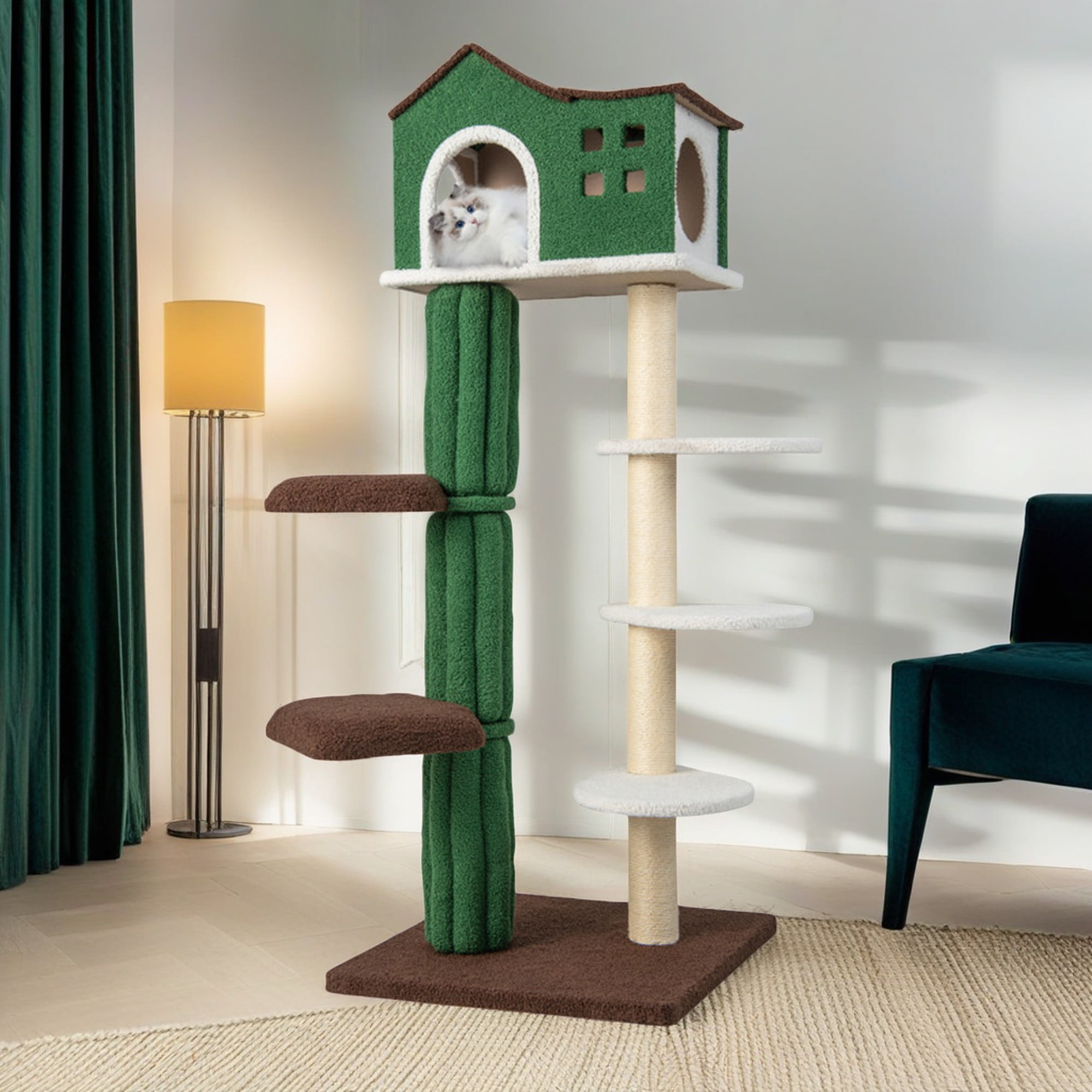 Kadyn 61" Modern Cat Tree Tower for Indoor Cats with Natural Sisal Scratching Posts, Anti-tipping Device, Cat Tree House for Kittens Climb Play, Rest, Green