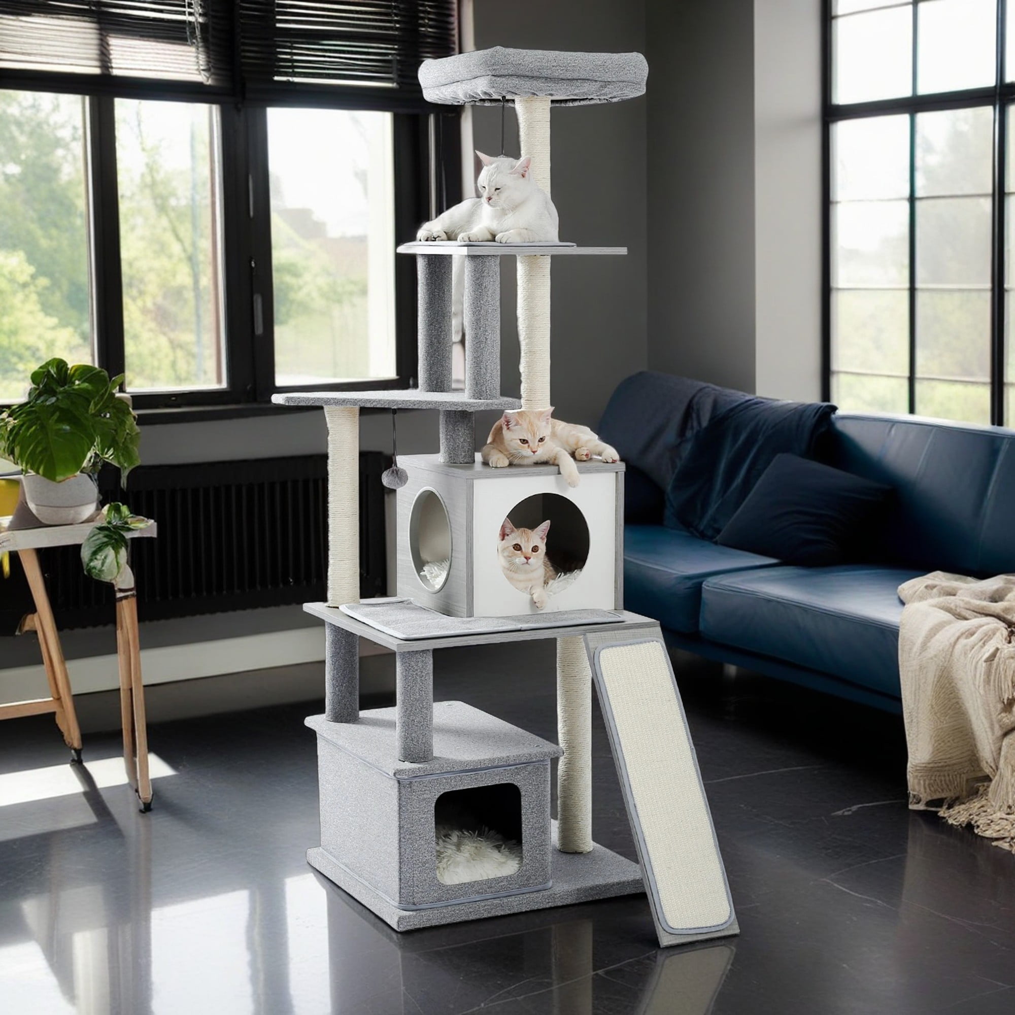 resenkos 61" Multi Level Cat Tree Tower for Indoor Wood Kitten Furniture Cat Condo Activity Center Play House with Scratching Sisal Posts Pad, Ladder, Gray