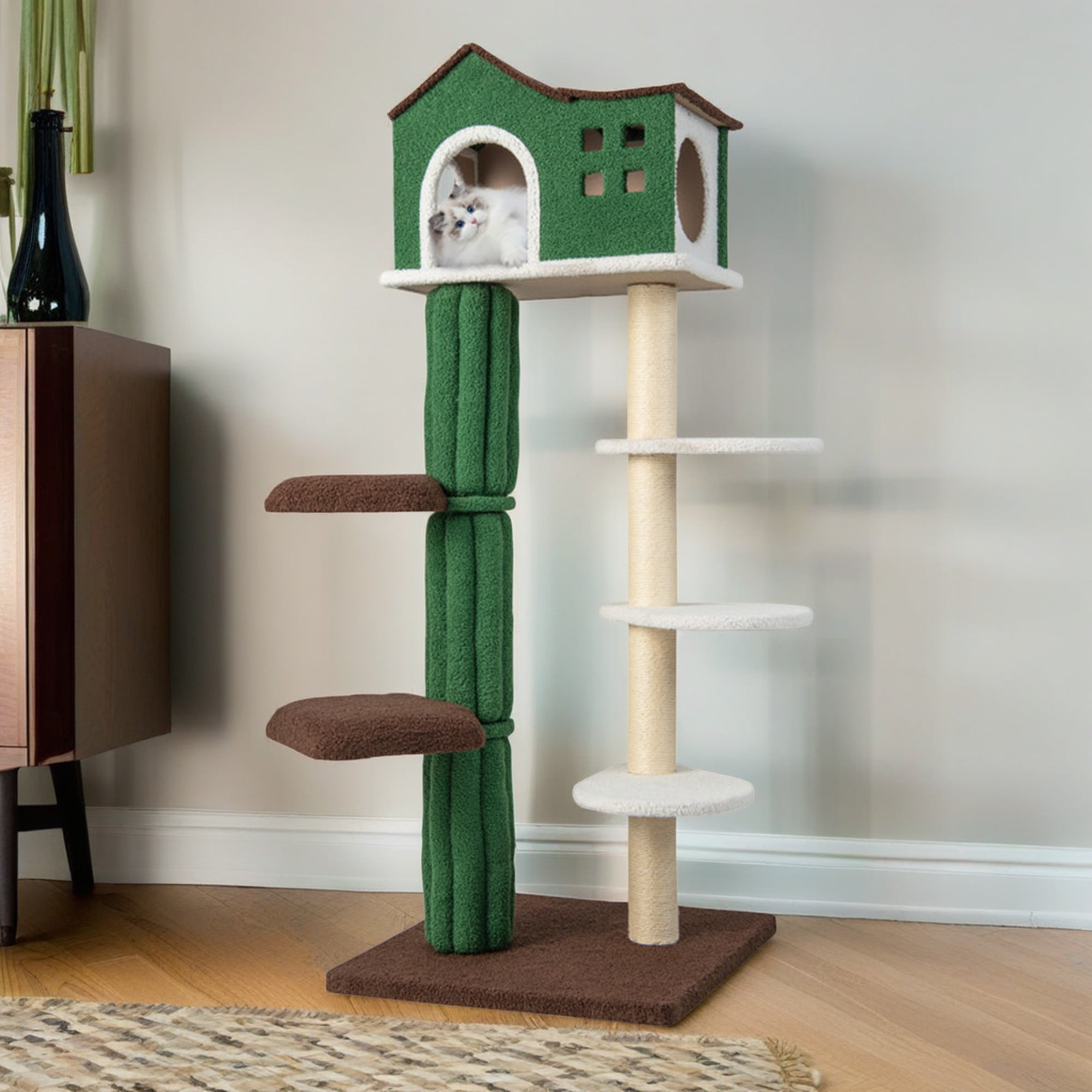 resenkos 61" Multi-level Cat Tree Tower with Cat Scratching Post for Indoor Cats, Featuring with Cat Condo for Kittens and Cats, Green
