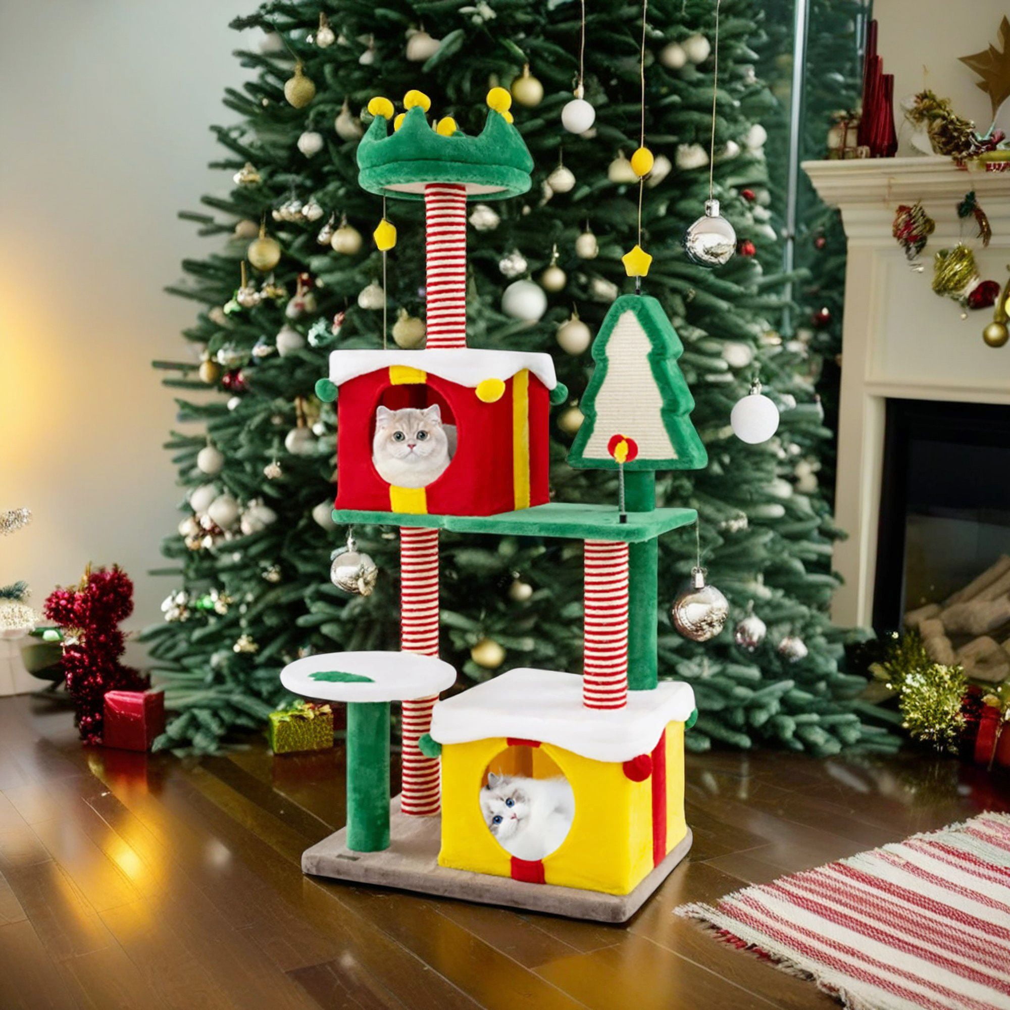 resenkos 61" Tall Christmas Decor Cat Tree Tower for Indoor Cats, Multi-Level Cat Climbing Tower with Cat Condos, Top Perches, Kittens Play Activity Center, Multicolor