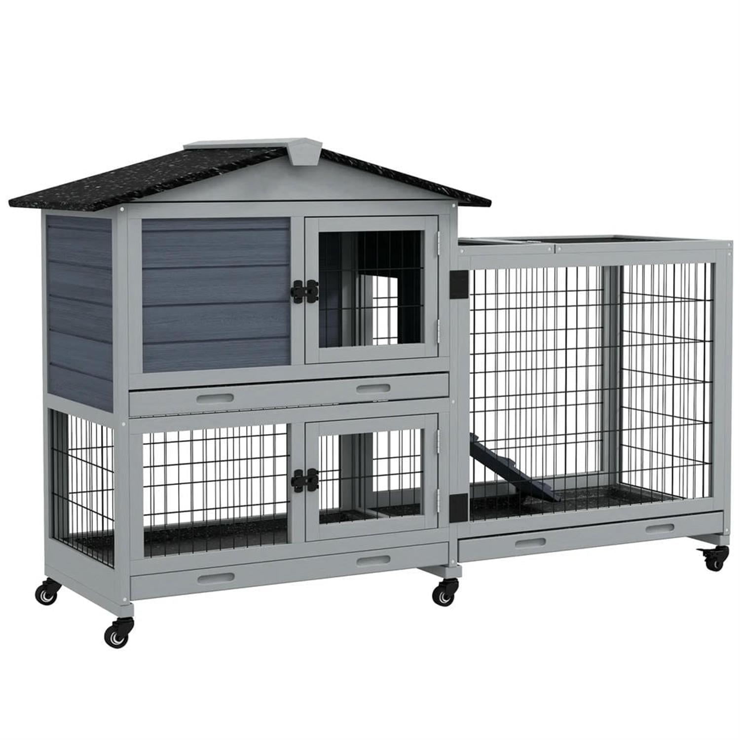 Kadyn 62" 2-tier Wooden Rabbit Hutch with Wheels and Slide-out Tray, Outdoor Small Animal Habitat Chicken Coop Bunny Cage for Bunnies, Guinea Pigs, Gray