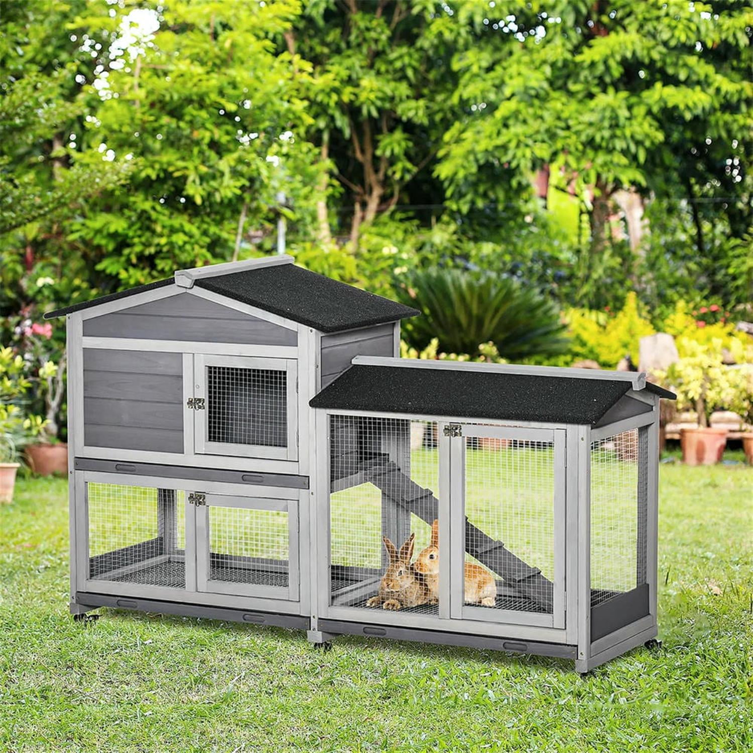 Demi Bonn 62" 2-tier Wooden Rabbit Hutch with Wheels and Slide-out Tray, Outdoor Small Animal Habitat Chicken Coop Bunny Cage for Bunnies, Guinea Pigs, Light Grey