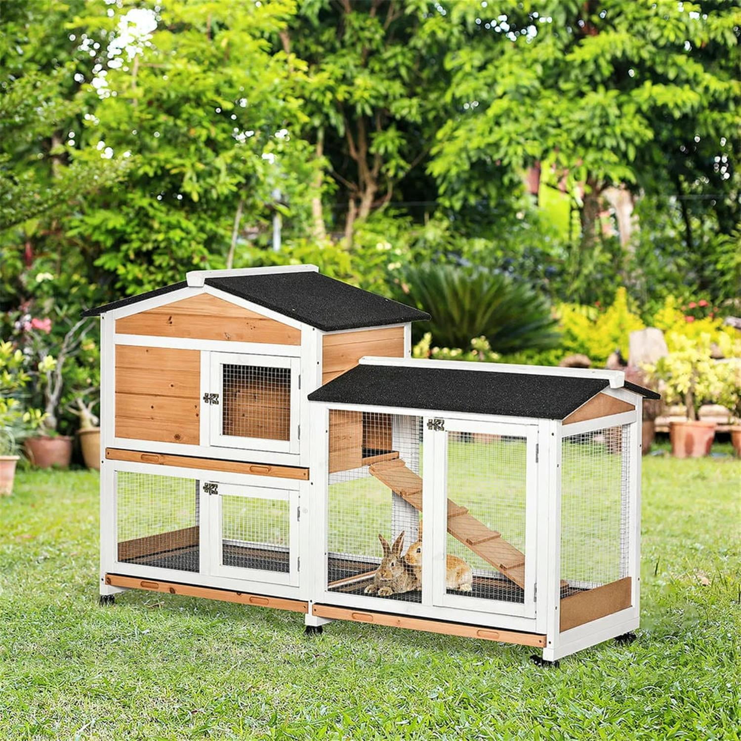 Kadyn 62" 2-tier Wooden Rabbit Hutch with Wheels and Slide-out Tray, Outdoor Small Animal Habitat Chicken Coop Bunny Cage for Bunnies, Guinea Pigs, Orange