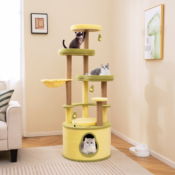 Demi Bonn 62" Cat Tree Tower with Private Condo for Indoor Cats, Multifunctional Plush Cat House with Scratching Posts and Padded Top Perch, Green