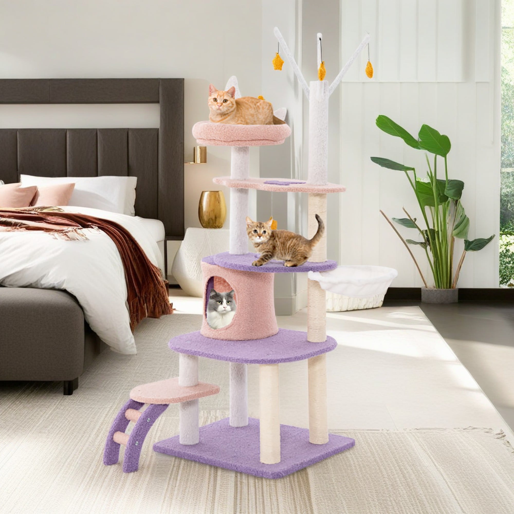 resenkos 62" Cat Tree Tower with Scratching Posts, Cat Condo with Padded Plush Perch, Multi-Platform for Jump Cat Tree House, Purple