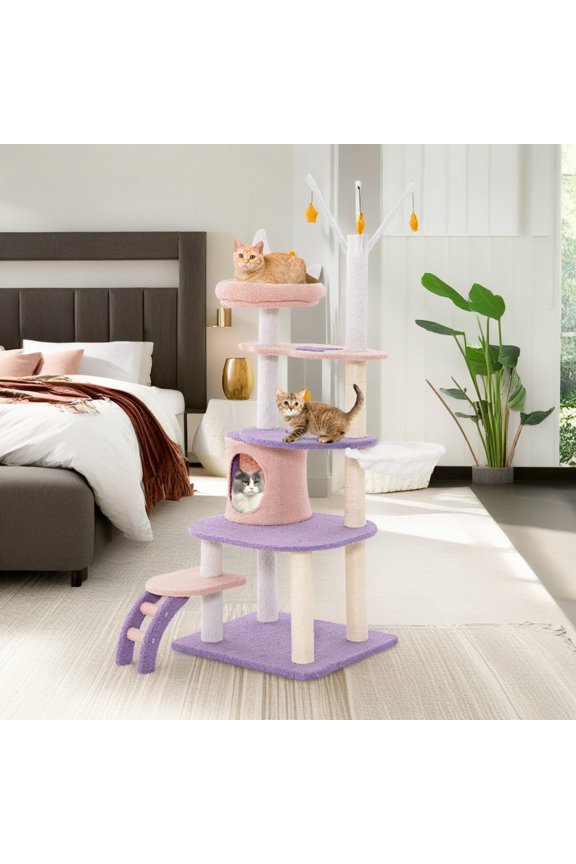 62" Cat Tree Tower with Scratching Posts, Cat Condo with Padded Plush Perch, Multi-Platform for Jump Cat Tree House, Purple