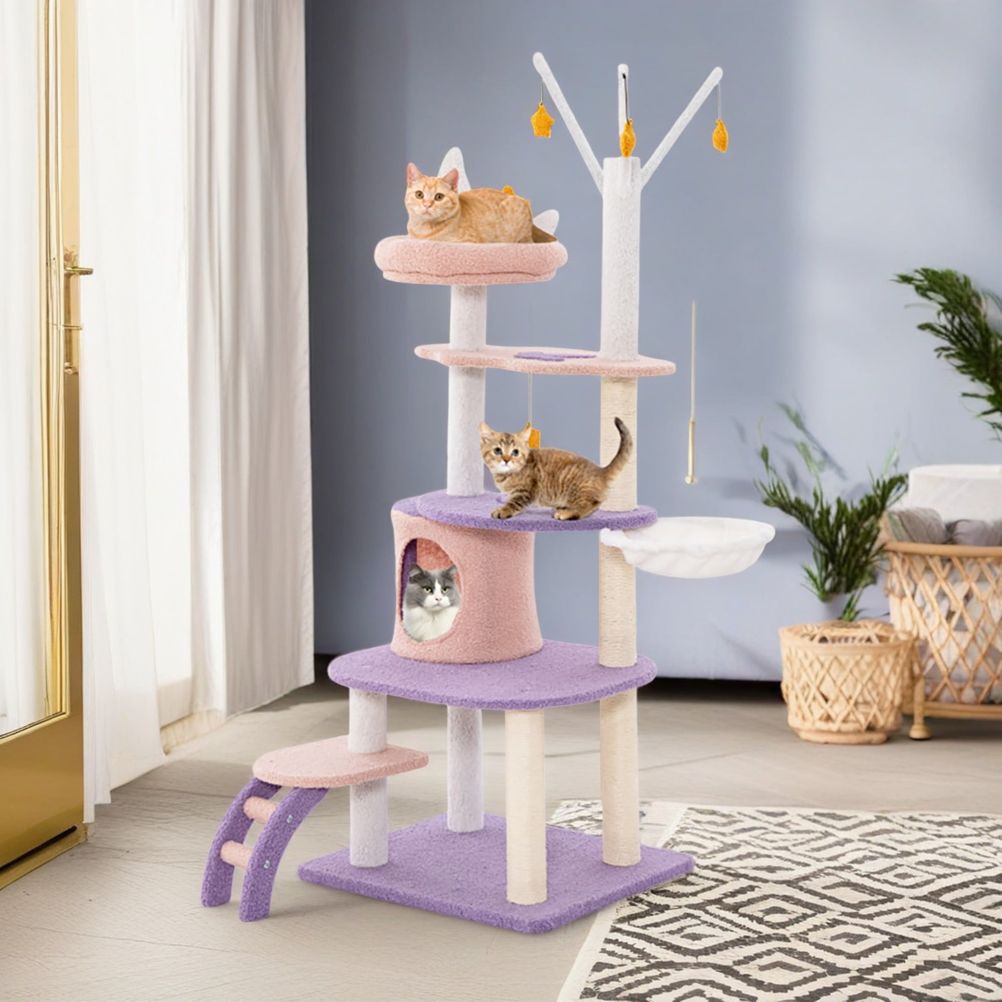 Kadyn 62" Cute Cat Tree Tower for Indoor Cats, Moon and Star Cat Condo with Sisal Scratching Posts, Plush Perches, Kitten Cat Tree Tower Activity Center, Purple