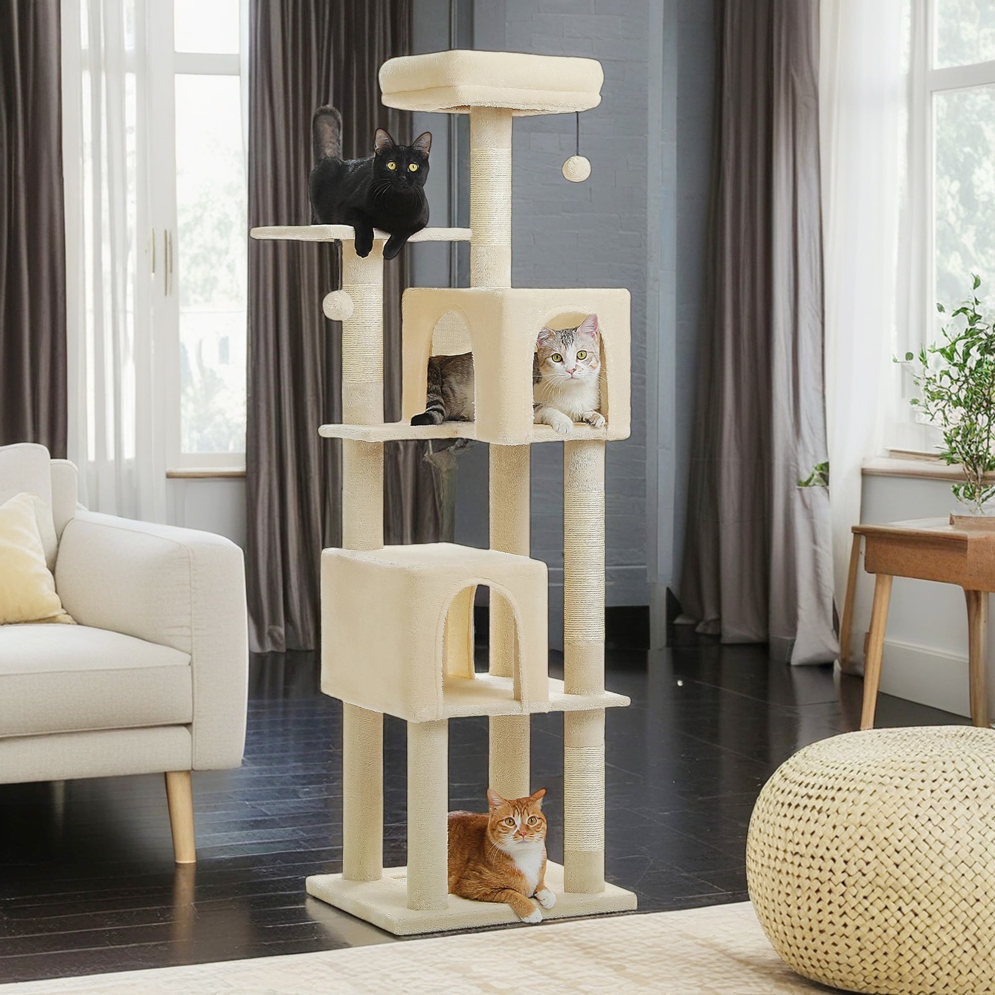 resenkos 62" Modern Cat Tree Tower for Indoor Cats with Scratching Posts, Cozy Cat Condo and Top Perch, Dangling Ball for Small Medium, Beige