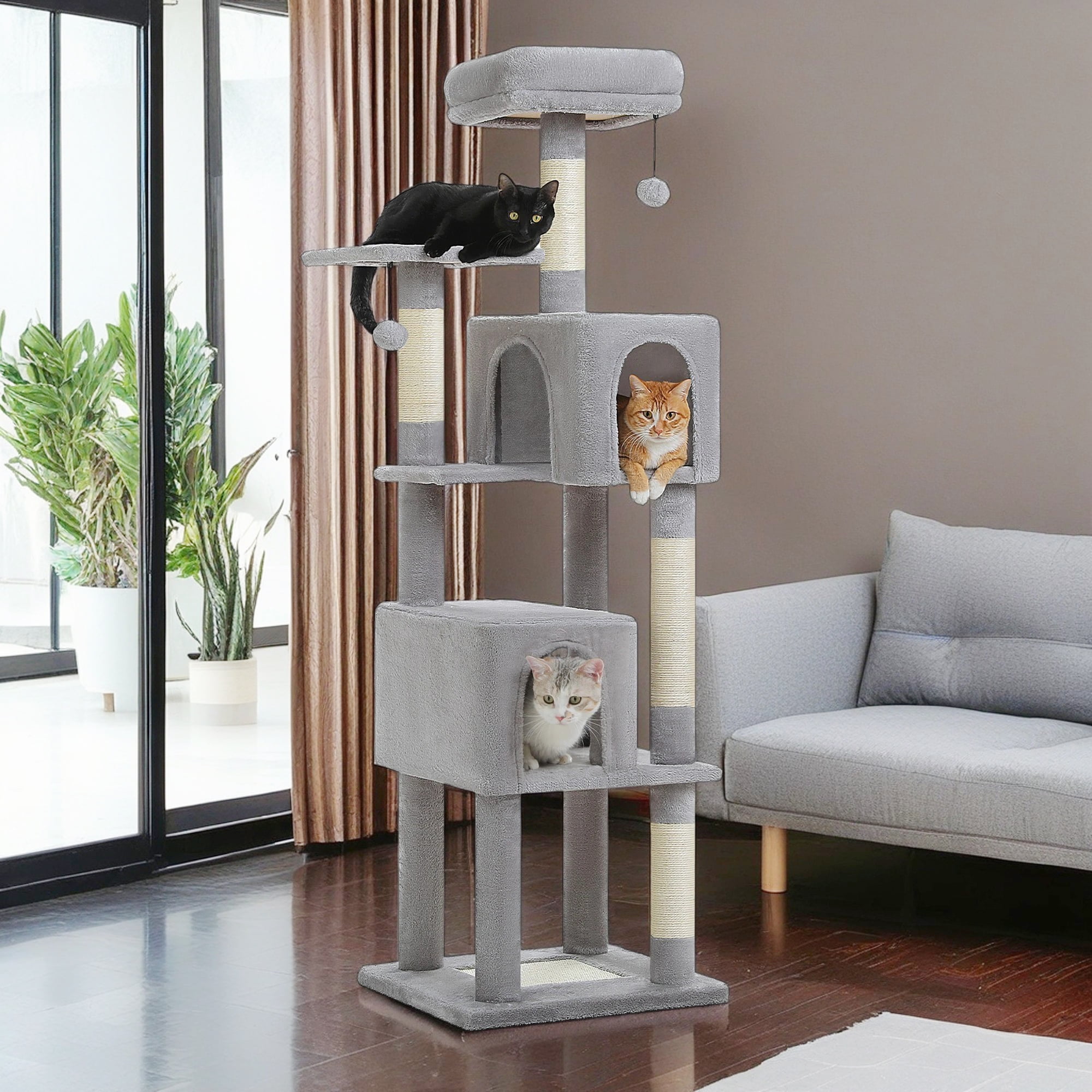 Kadyn 62" Modern Cat Tree Tower for Indoor Cats with Scratching Posts, Cozy Cat Condo and Top Perch, Dangling Ball for Small Medium, Gray