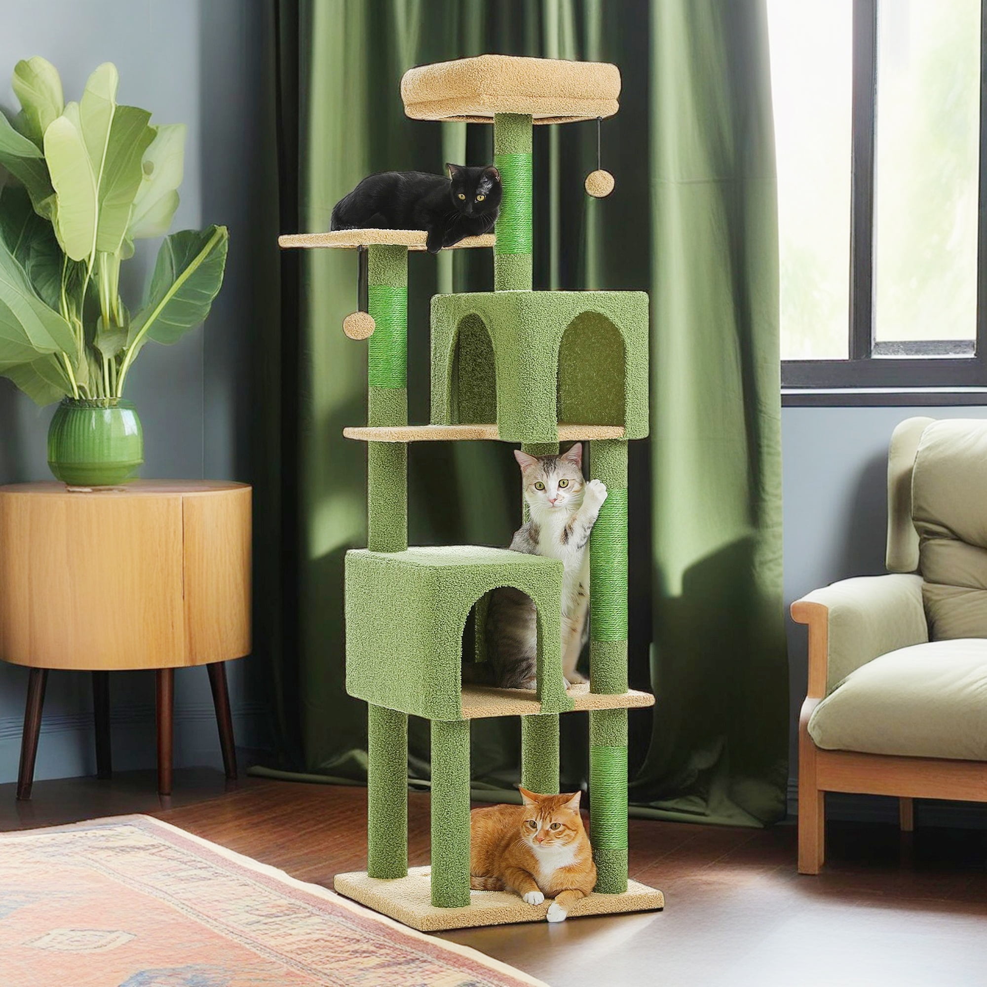resenkos 62" Modern Cat Tree Tower for Indoor Cats with Scratching Posts, Cozy Cat Condo and Top Perch, Dangling Ball for Small Medium, Green