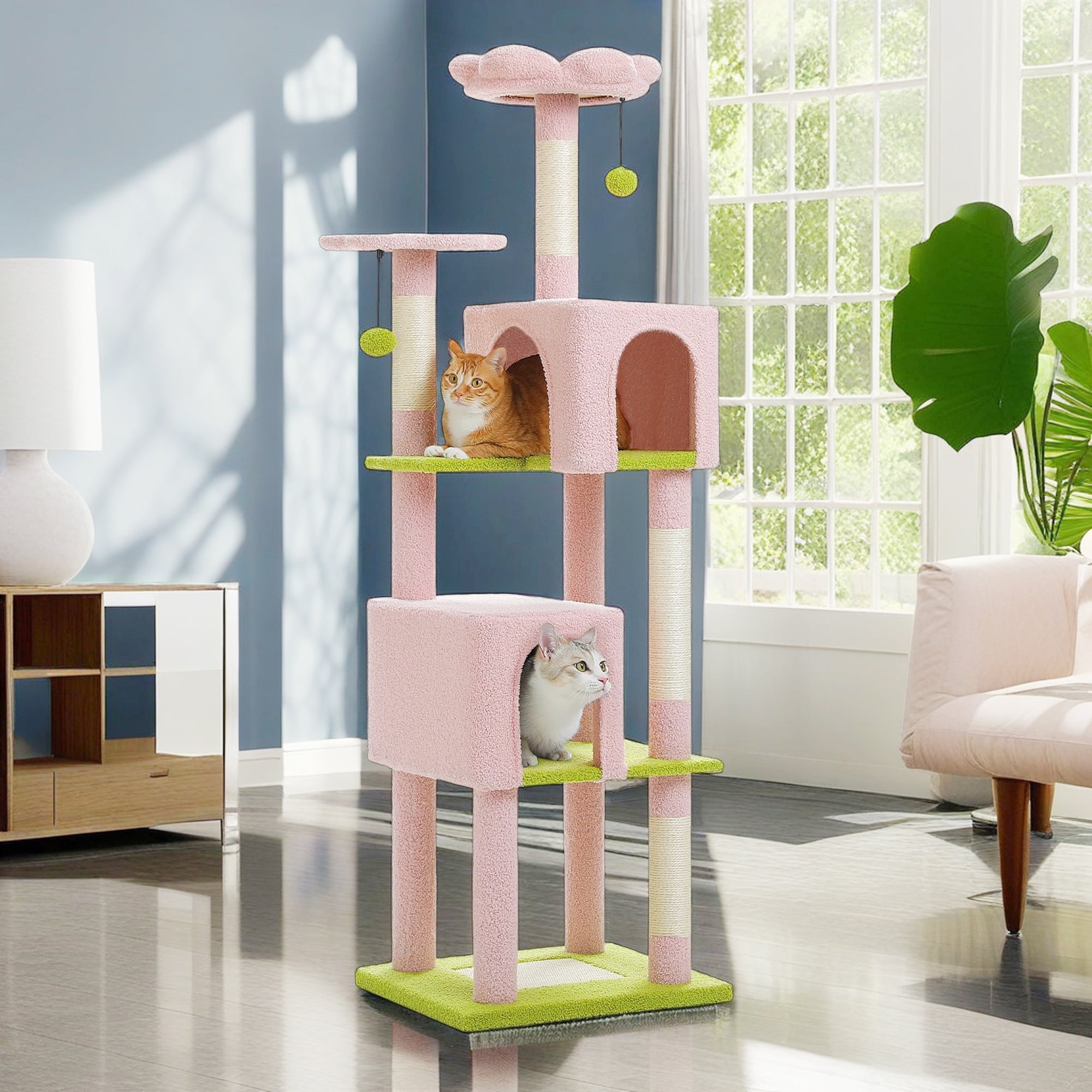 Kadyn 62" Modern Cat Tree Tower for Indoor Cats with Scratching Posts, Cozy Cat Condo and Top Perch, Dangling Ball for Small Medium, Pink