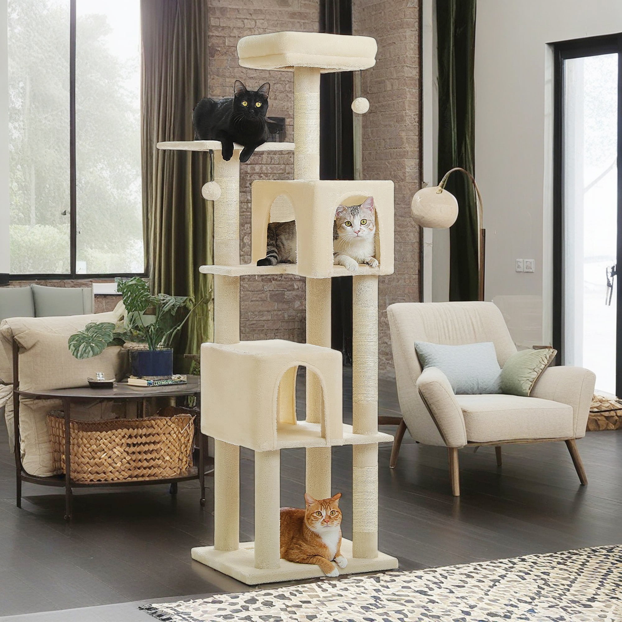 resenkos 62" Multi-Level Cat Tree for Indoor Cats, Cat Tower with Cozy Cat Condo and Top Perch for Small&Medium Cat, Beige