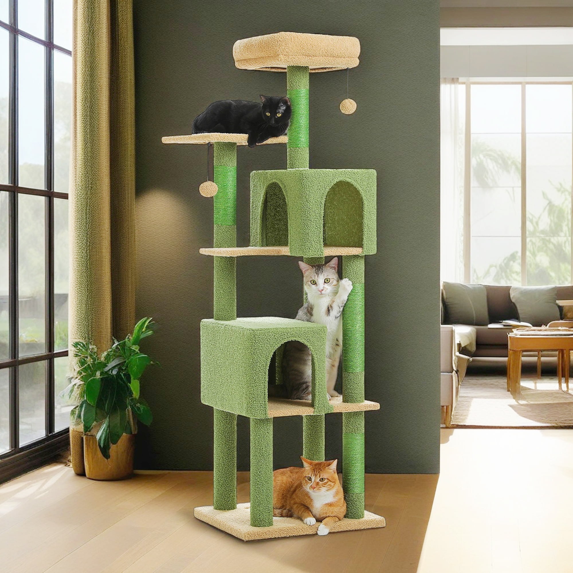 Kadyn 62" Multi-Level Cat Tree for Indoor Cats, Cat Tower with Cozy Cat Condo and Top Perch for Small&Medium Cat, Green