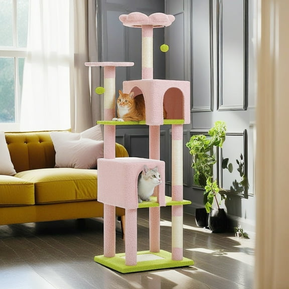 Demi Bonn 62" Multi-Level Cat Tree for Indoor Cats, Cat Tower with Cozy Cat Condo and Top Perch for Small&Medium Cat, Pink