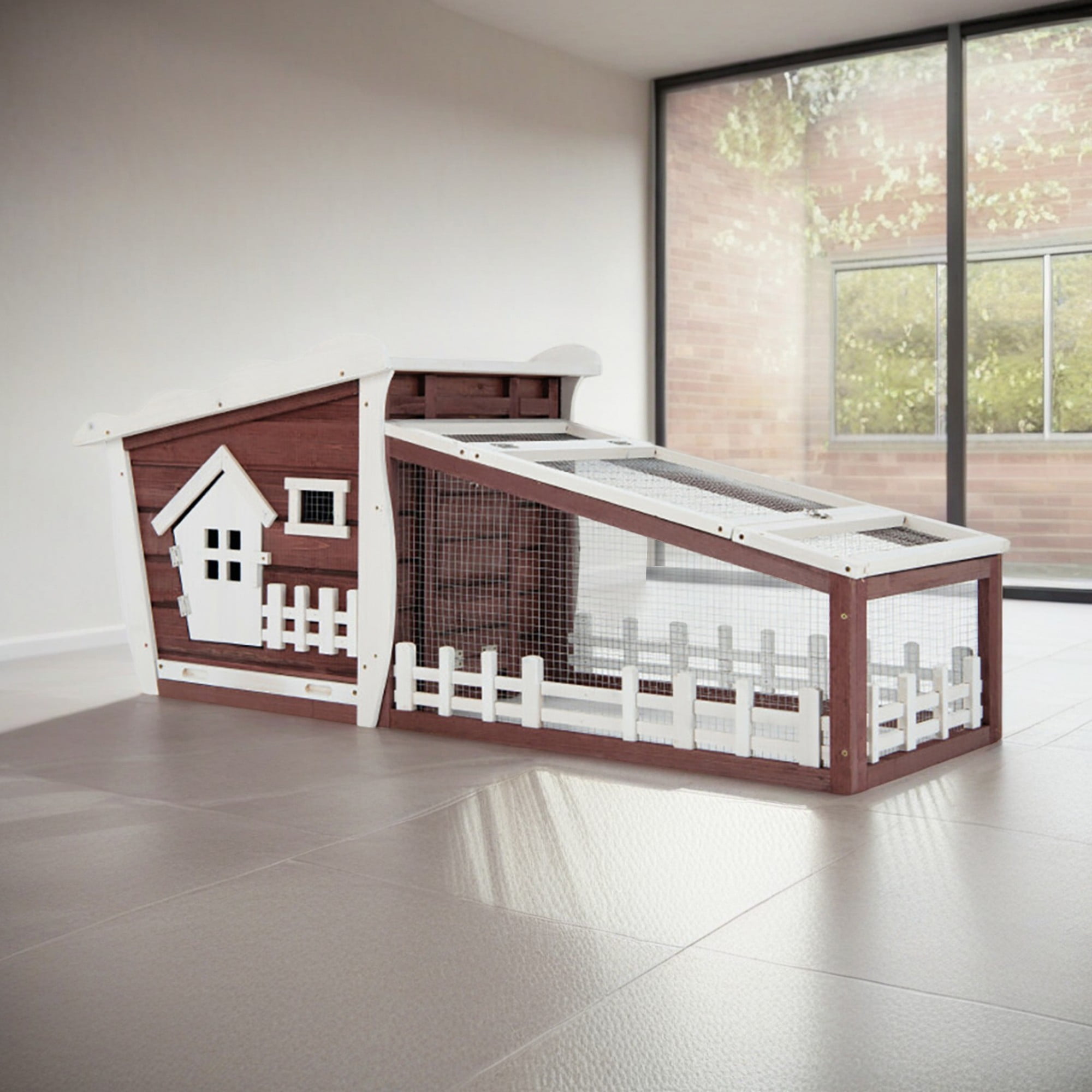 Kadyn 62" Outdoor Rabbit Hutch, Solid Firwood Hen House with Pull Out Tray, Guinea Pig Hutch, Wood Chicken Coops, Red
