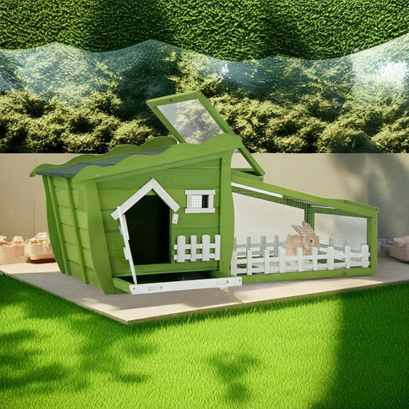 Demi Bonn 62" Outdoor Rabbit Hutch, Wood Chicken Coops with Pull Out Tray, Pet Cages for Small Animals, Green