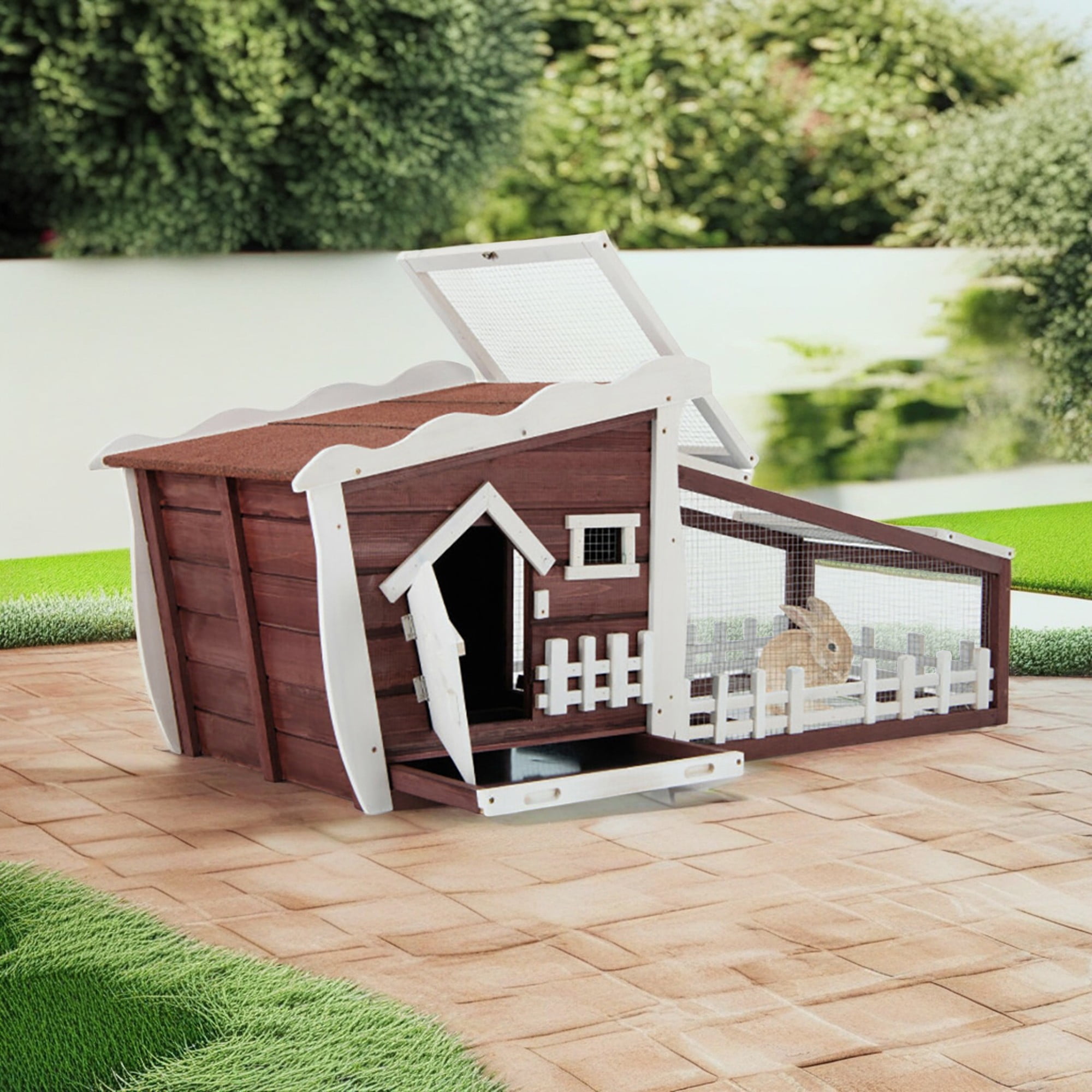 Red and White Wooden Rabbit Hutch with Pull Out Tray