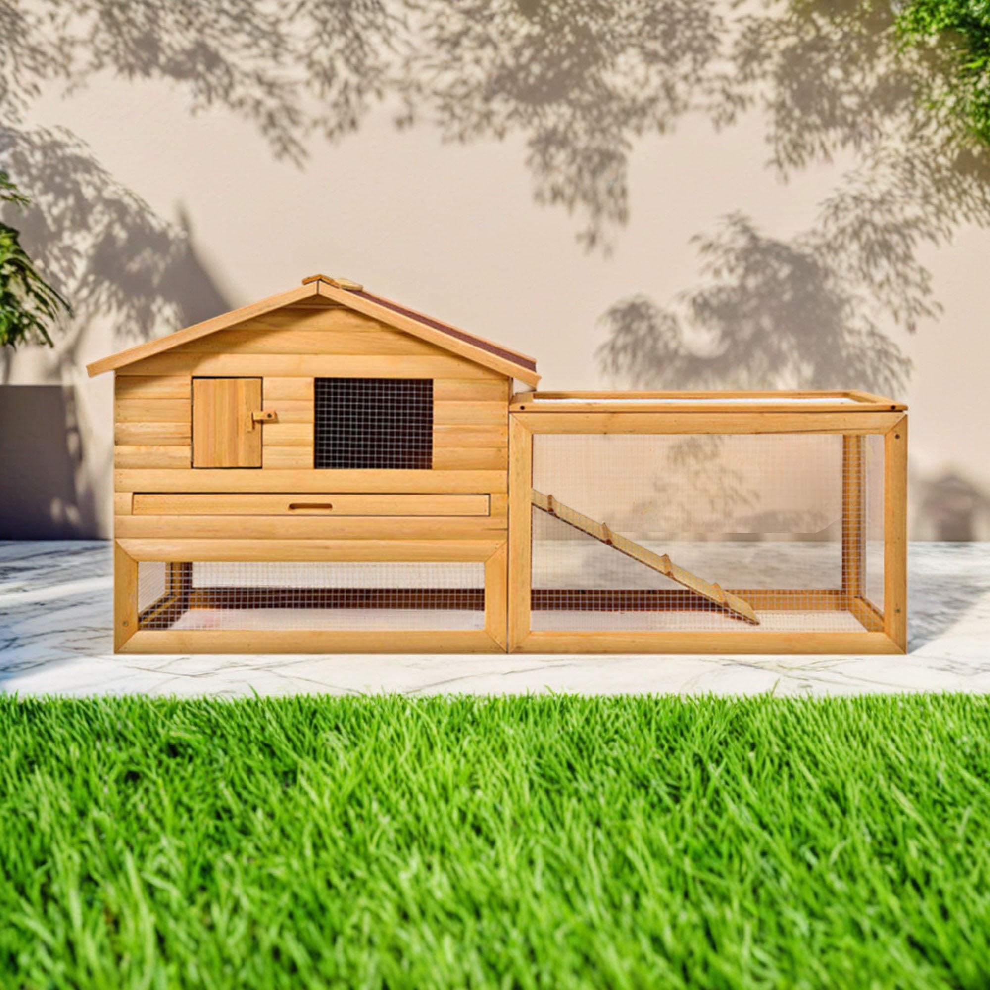 resenkos 62" Wood Outdoor Chicken Coop with Run, Indoor Large Rabbit Hutch, Pet Cages for Small Animals, Beige