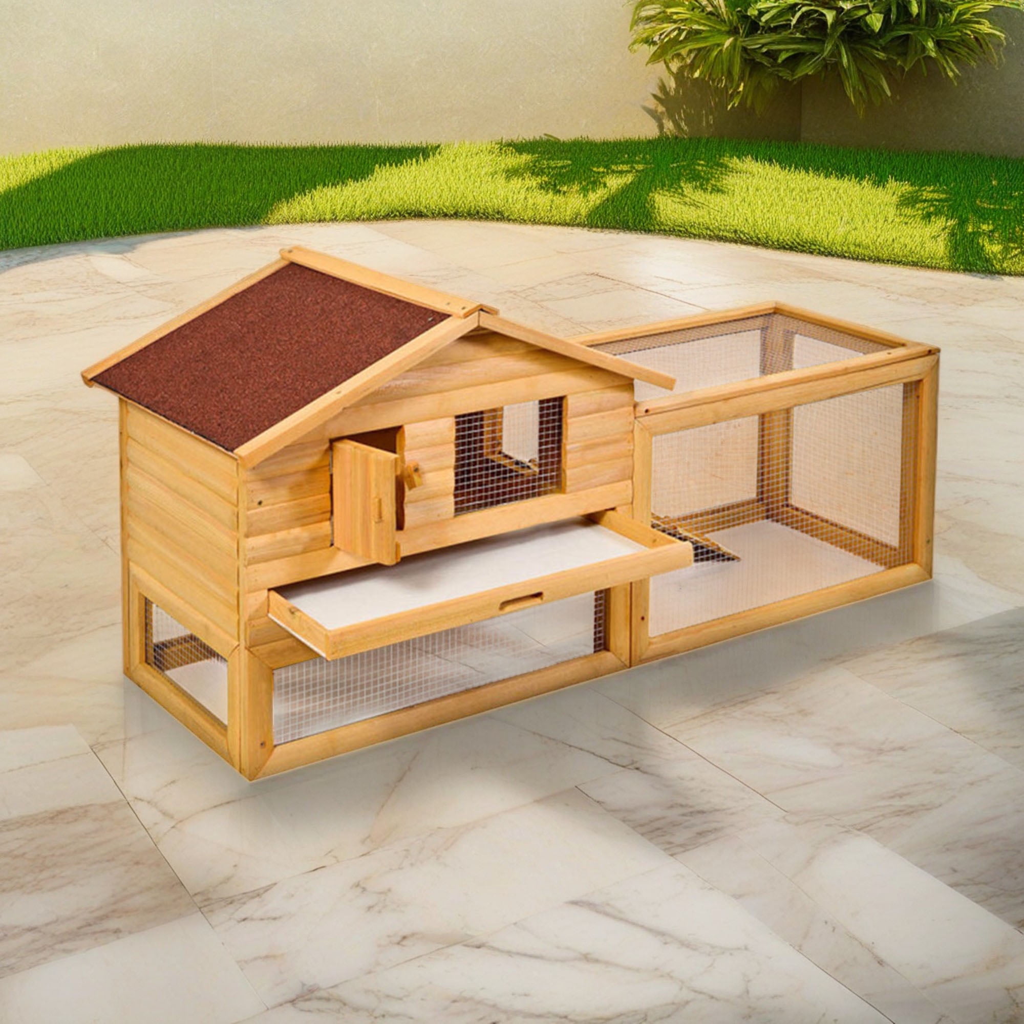 resenkos 62" Wood Outdoor Rabbit Hutch, Solid Firwood Hen House with Run, Pet Chicken Coop for Small Animals, Beige