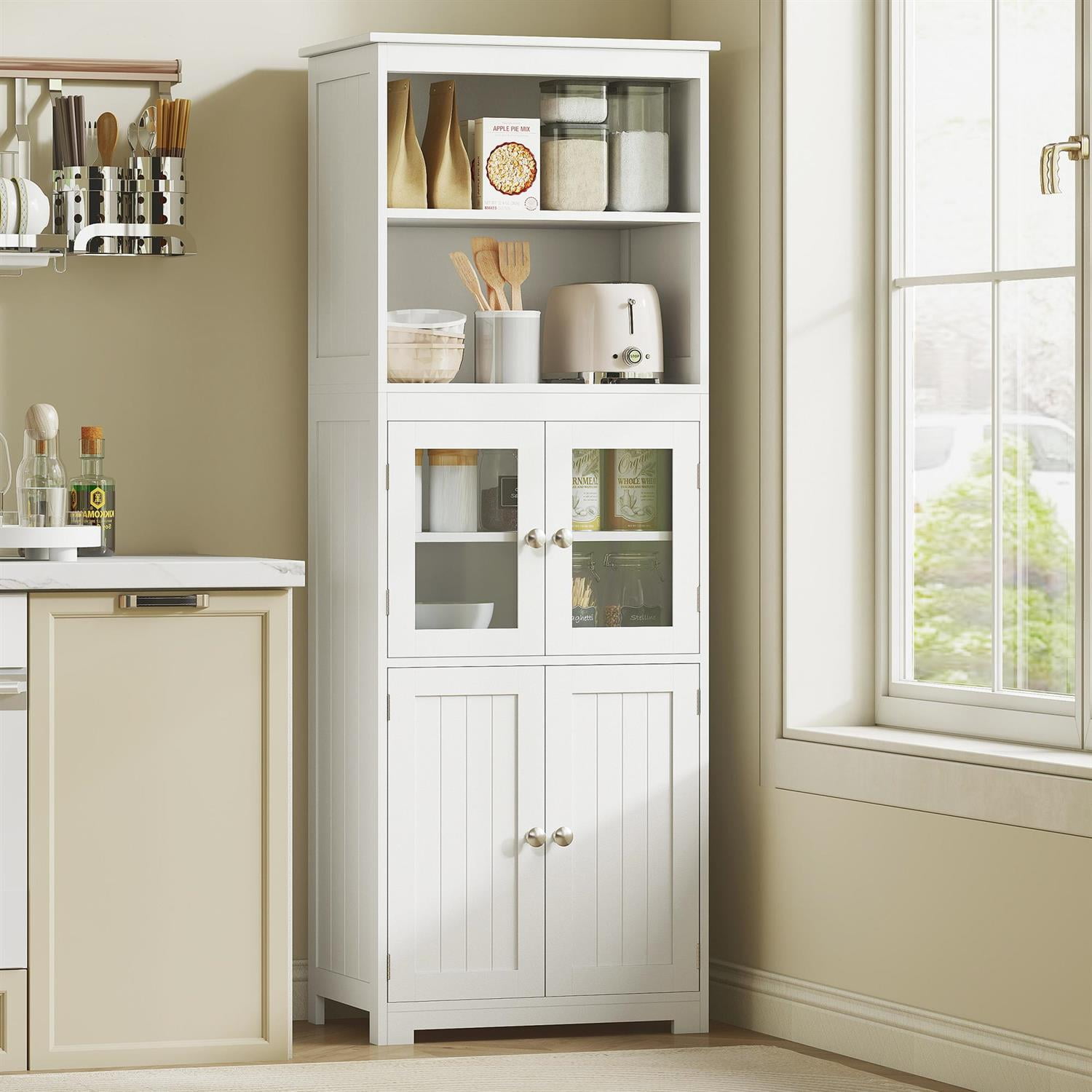 Demi Bonn 63" Buffet Storage Cabinet with Hutch, 4-Door Pantry, Adjustable Shelves for Kitchen, Living Room & Dining Spaces, White