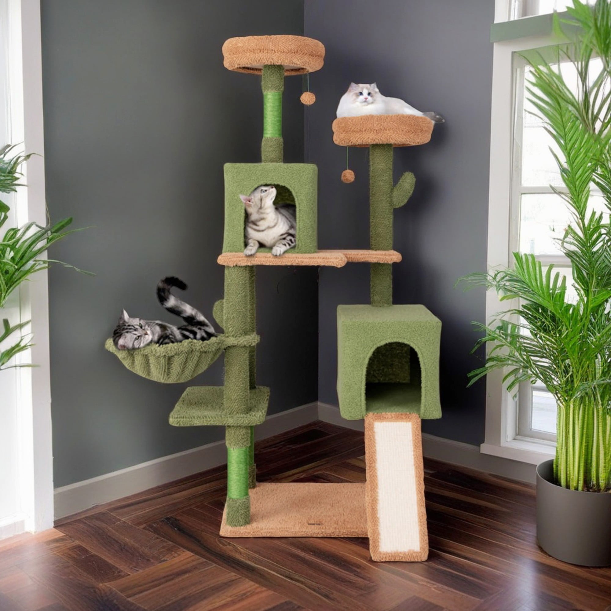 resenkos 63" Cactus Cat Tree for Indoor Cats with Cat Condo, Multi-Level Cat Tower with Hammock, Cat Tree House with Sisal Scratching Posts and Ladder, Green