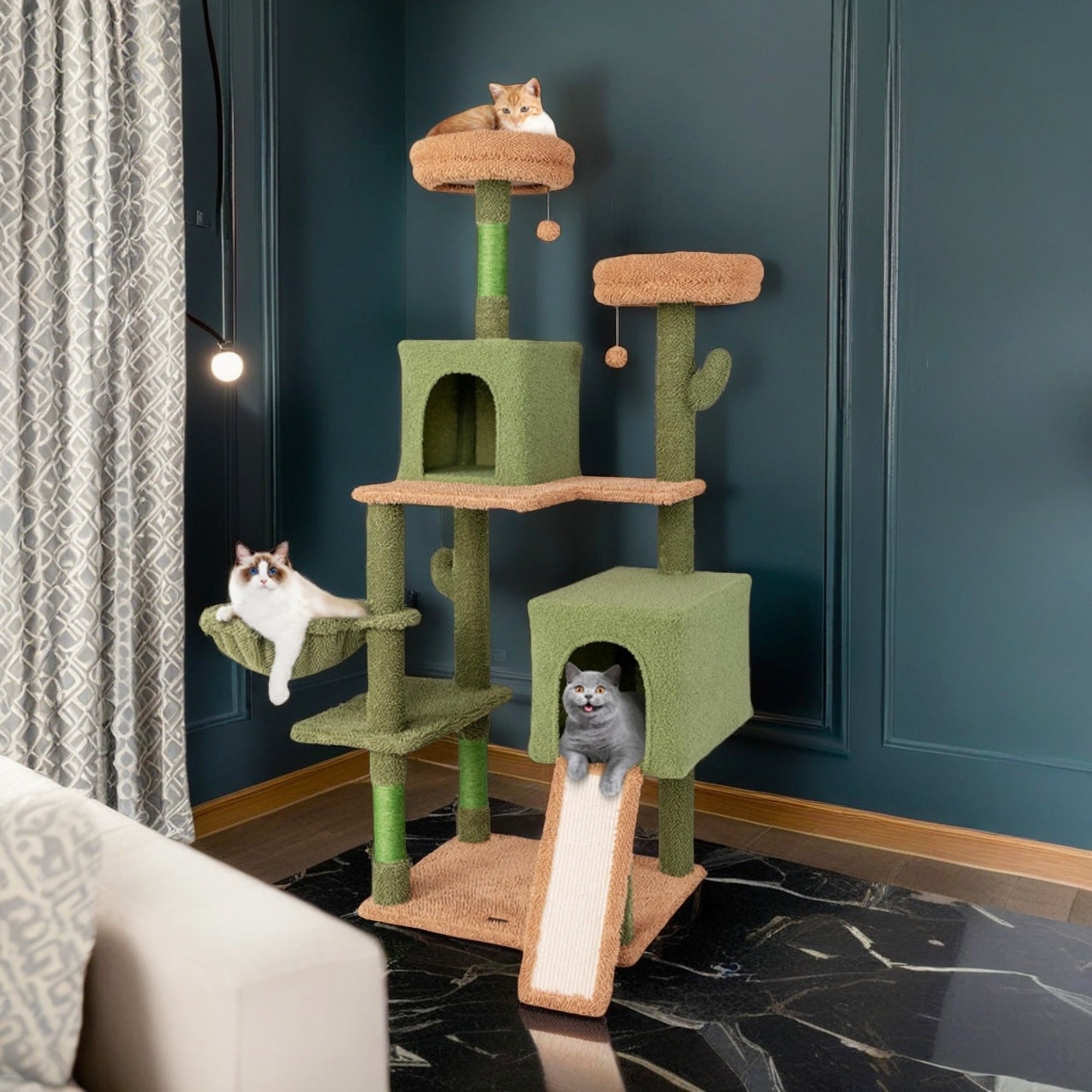 Kadyn 63" Cactus Cat Tree Tower for Indoor Cats, Multi-Level Cat Condo, Cat Tree House with Hammock, Sisal Scratching Posts and Ladder, Green