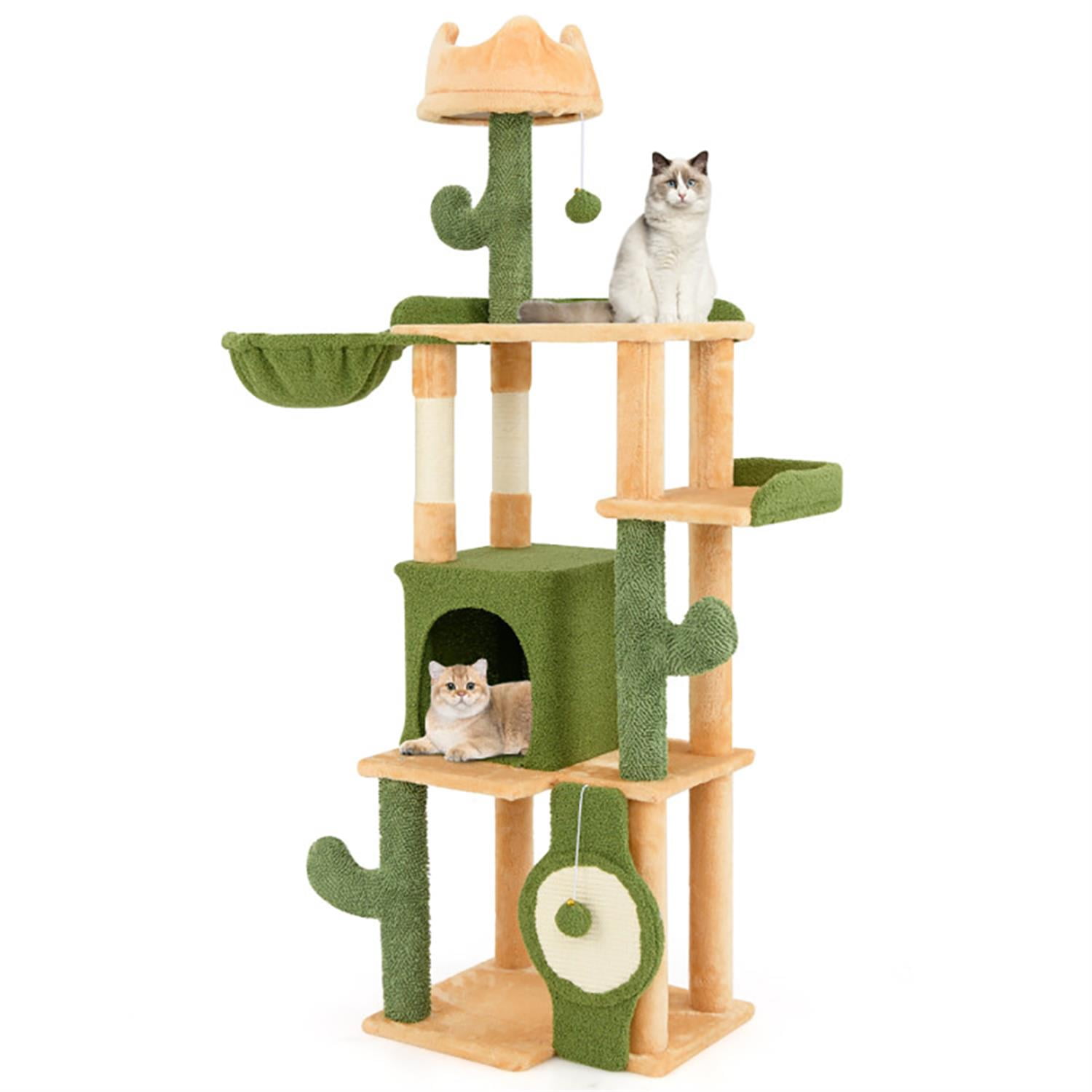 Kadyn 63" Cactus Cat Tree with Toy, Cat Tower Condo for Indoor Cats with Cozy Hammock, Sisal Scratching Posts and Board, Green