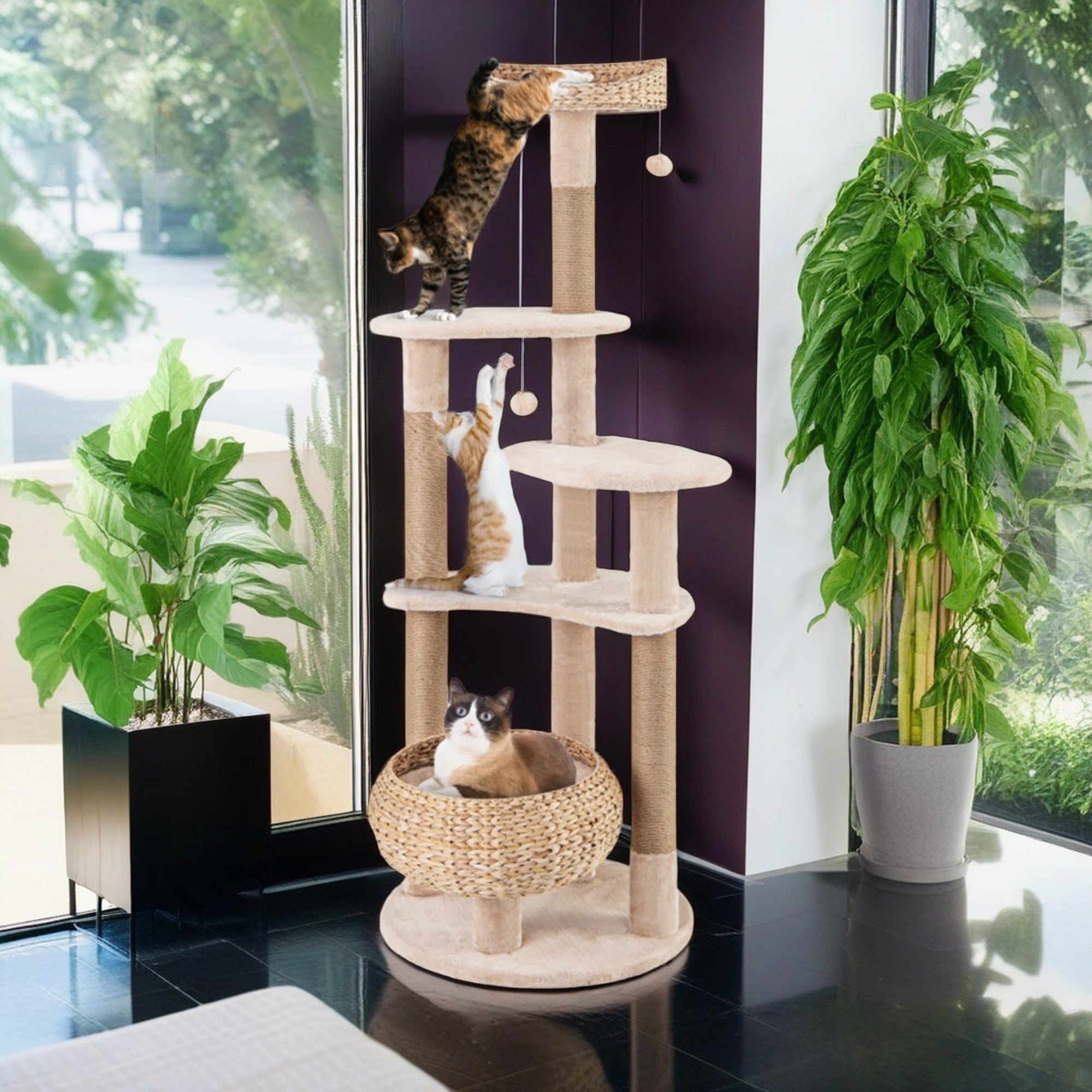 Kadyn 63" Cat Tree Tower for Indoor Cats, Cat Condo for Large Cats, Modern Cat Tree House Manual Hand Woven with Sisal, Cat Scratching Post, Beige