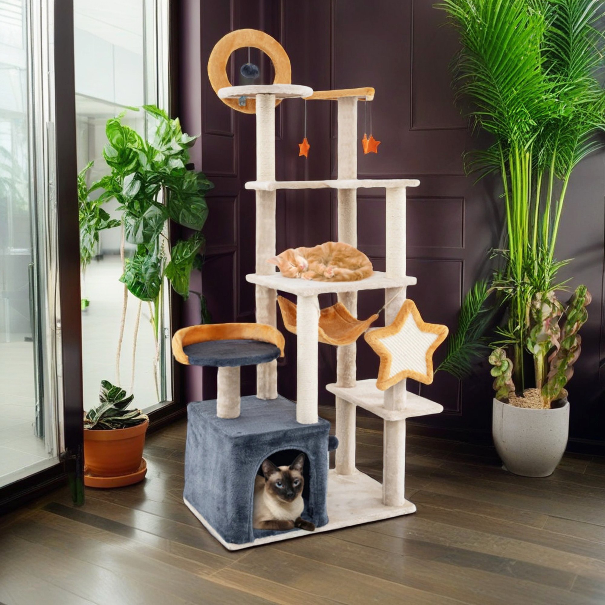 Kadyn 63" Cat Tree Tower for Indoors Cats, Cute Kitty Condo with Scratching Post and Pad, Multi-Level Activity Climbing Furniture for Medium Cats, Beige