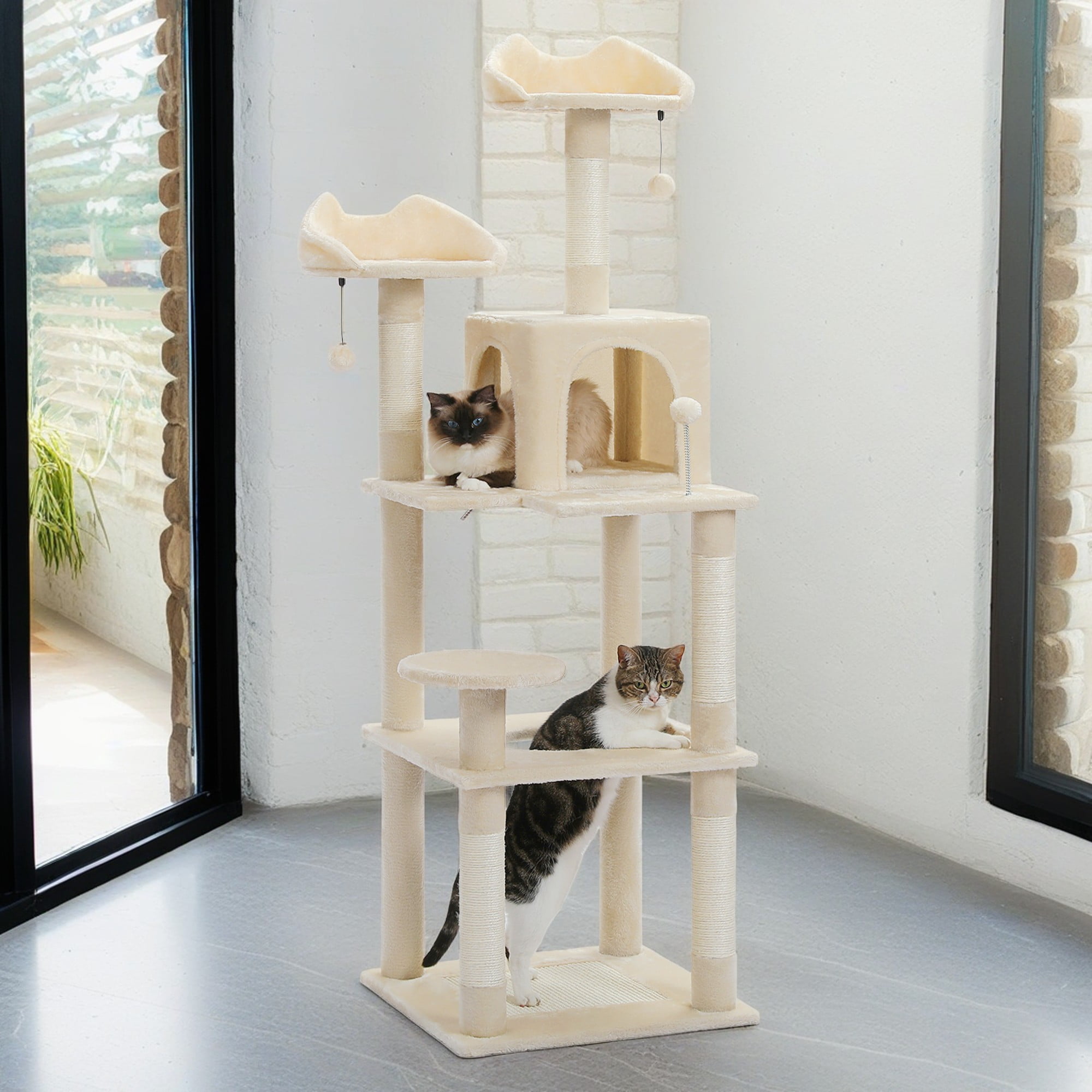 resenkos 63" Cat Tree Tower for Indoor Cats, 4 Levels Platform Cat Condo for Large Cats with Fully Scratching Posts, Beige