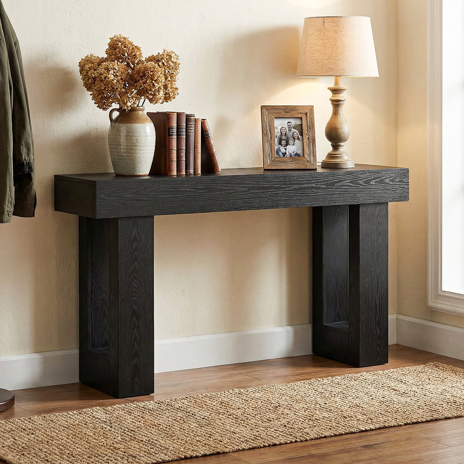 Demi Bonn 63" Console Table, Farmhouse Wooden Sofa Table Entryway Table for Hallway, Entrance, Living Room, Bedroom, Black