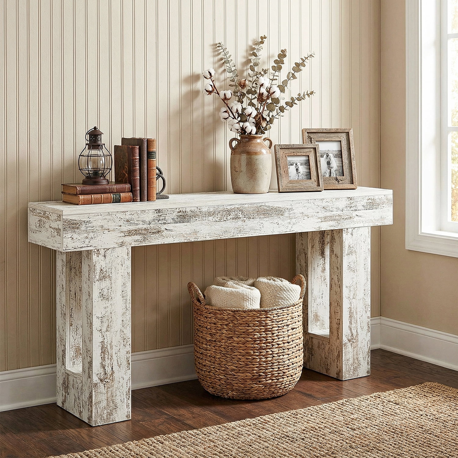 Demi Bonn 63" Console Table, Farmhouse Wooden Sofa Table Entryway Table for Hallway, Entrance, Living Room, Bedroom, Gray + White