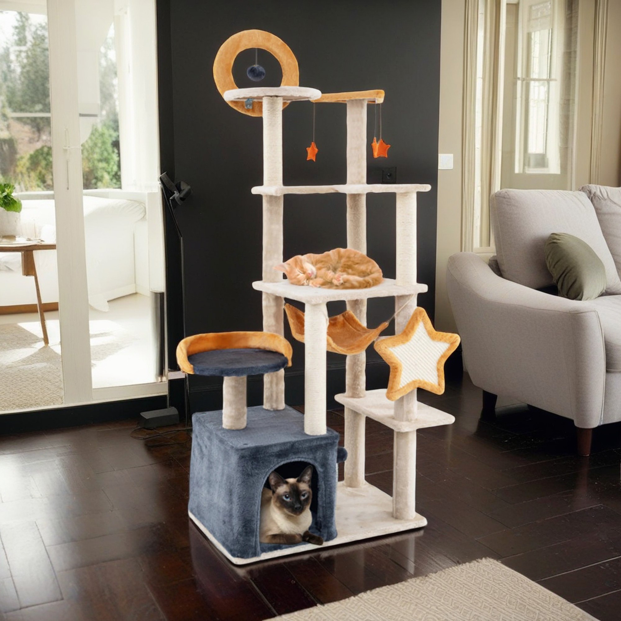 Kadyn 63" Could Cat Tree for Indoor Cats, Cat Condo with Cat Scratching Post and Board, Cat Tower for Kitten with Dangling Balls, Beige