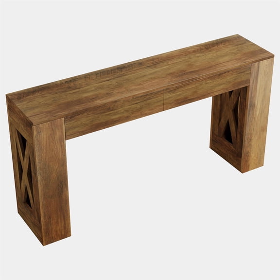 Demi Bonn 63" Farmhouse Console Table - 2 Drawers + X-Shaped Legs, Narrow Sofa Table Behind Couch, for Entryway/Living Room, Warm Brown