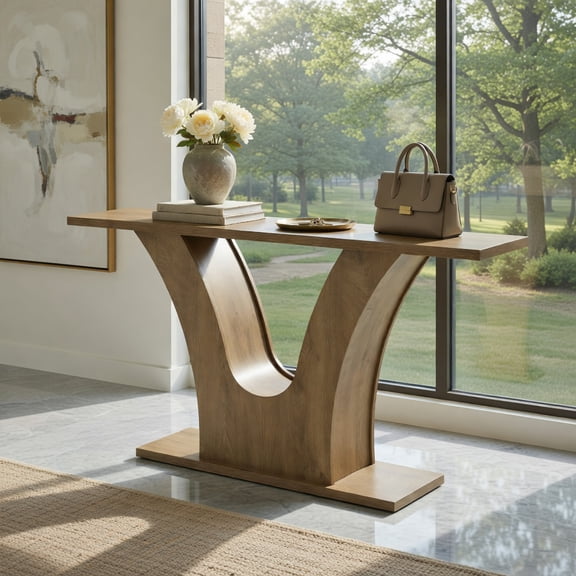 Demi Bonn 63" Farmhouse Console Table with Curved U-Shape Base, 2-Tier Storage Sofa Table for Entryway, Living Room or Hallway, Modern Rustic Narrow Accent Table, Brown