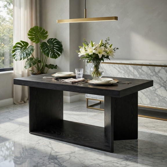 Demi Bonn 63" Farmhouse Dining Table with Heavy-Duty Pedestal Base, Wood Grain Kitchen Table for 4 to 6 People, Sturdy Solid-Look Design for Dining Room, Kitchen or Home Office, Black
