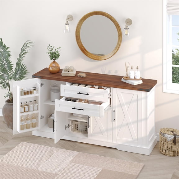 Demi Bonn 63" Farmhouse Storage Buffet Cabinet with 2 Drawers, Adjustable Shelves and Barn Door for Kitchen, Living Room, Dining Room, White
