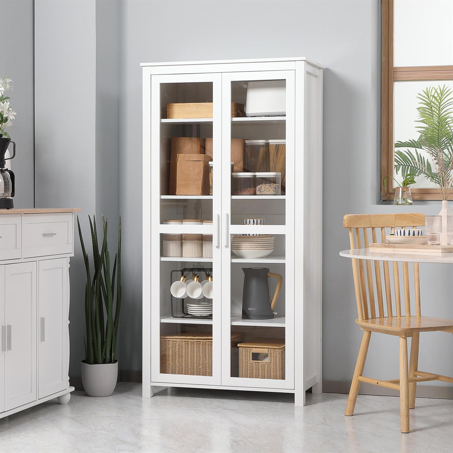 Demi Bonn 63" Freestanding Pantry Cabinet, 2 Glass Doors & Adjustable Shelves, Storage & Display for Dining Room, White
